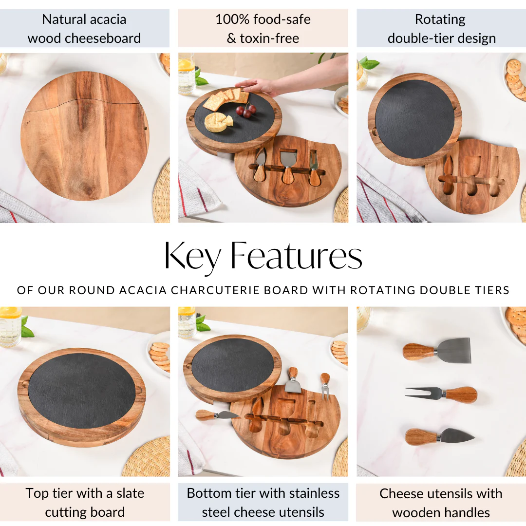 Round Wooden Charcuterie Board With Cheese Knives - Image 6