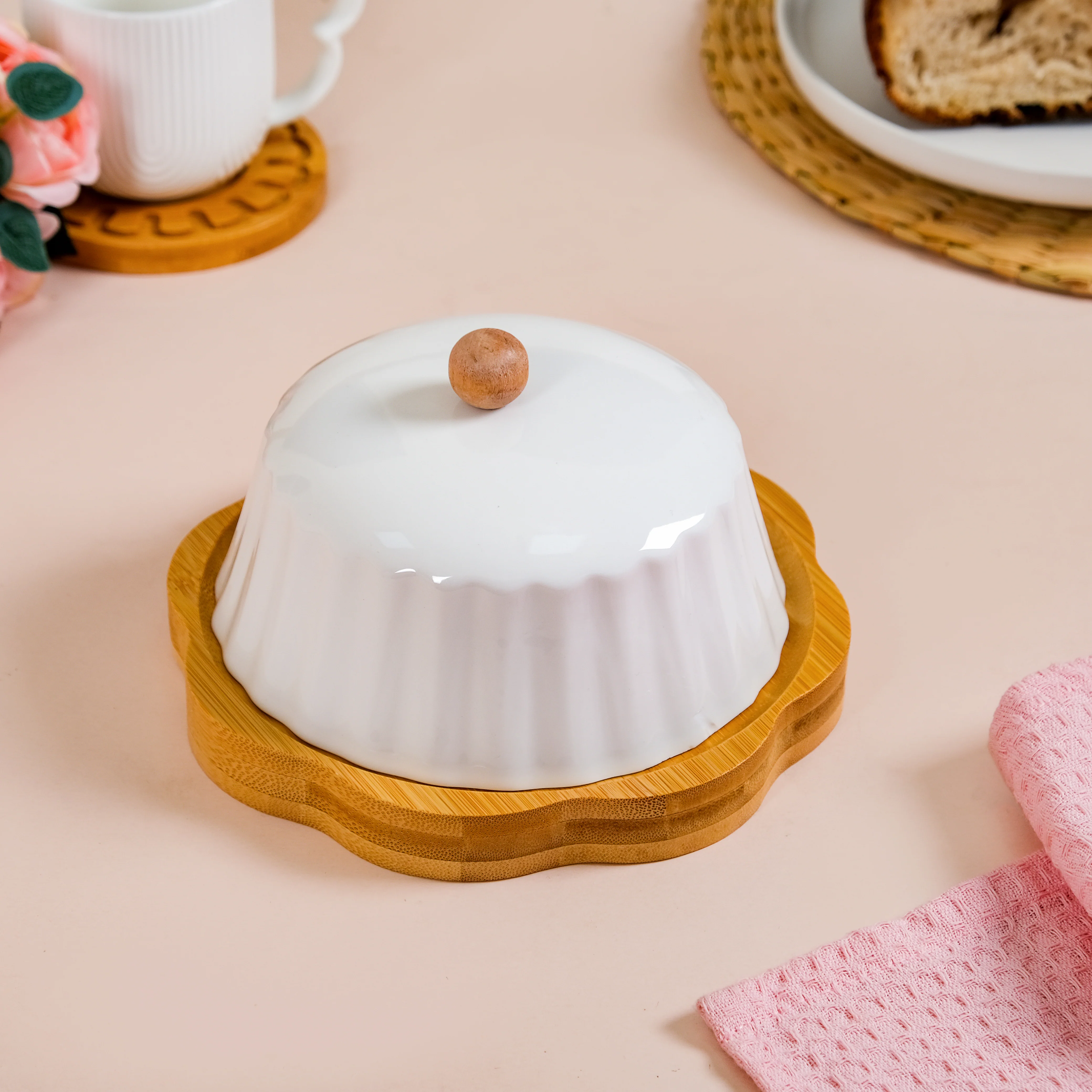Round Wooden Dish With Fluted Texture Ceramic Lid