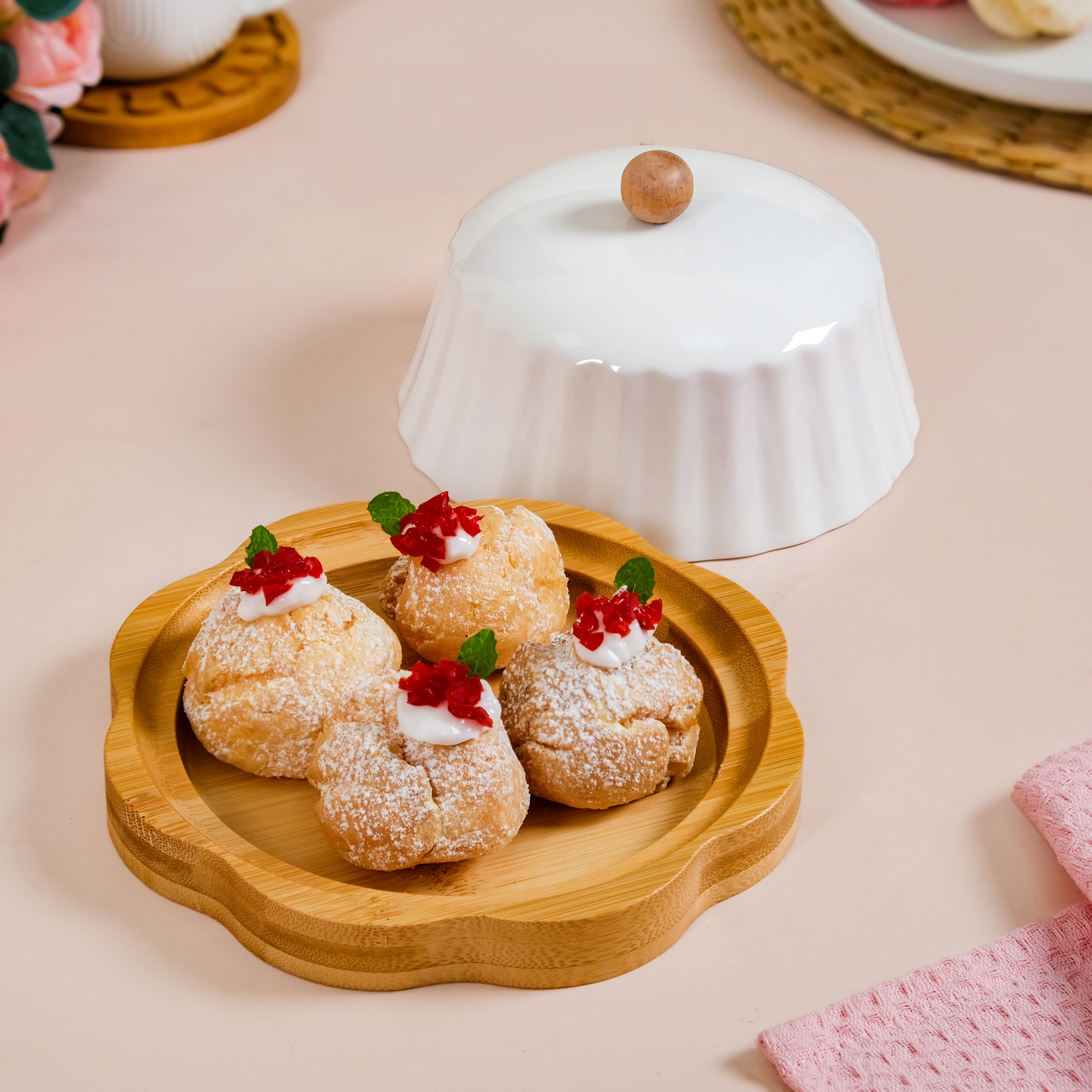 Round Wooden Dish With Fluted Texture Ceramic Lid - Image 3