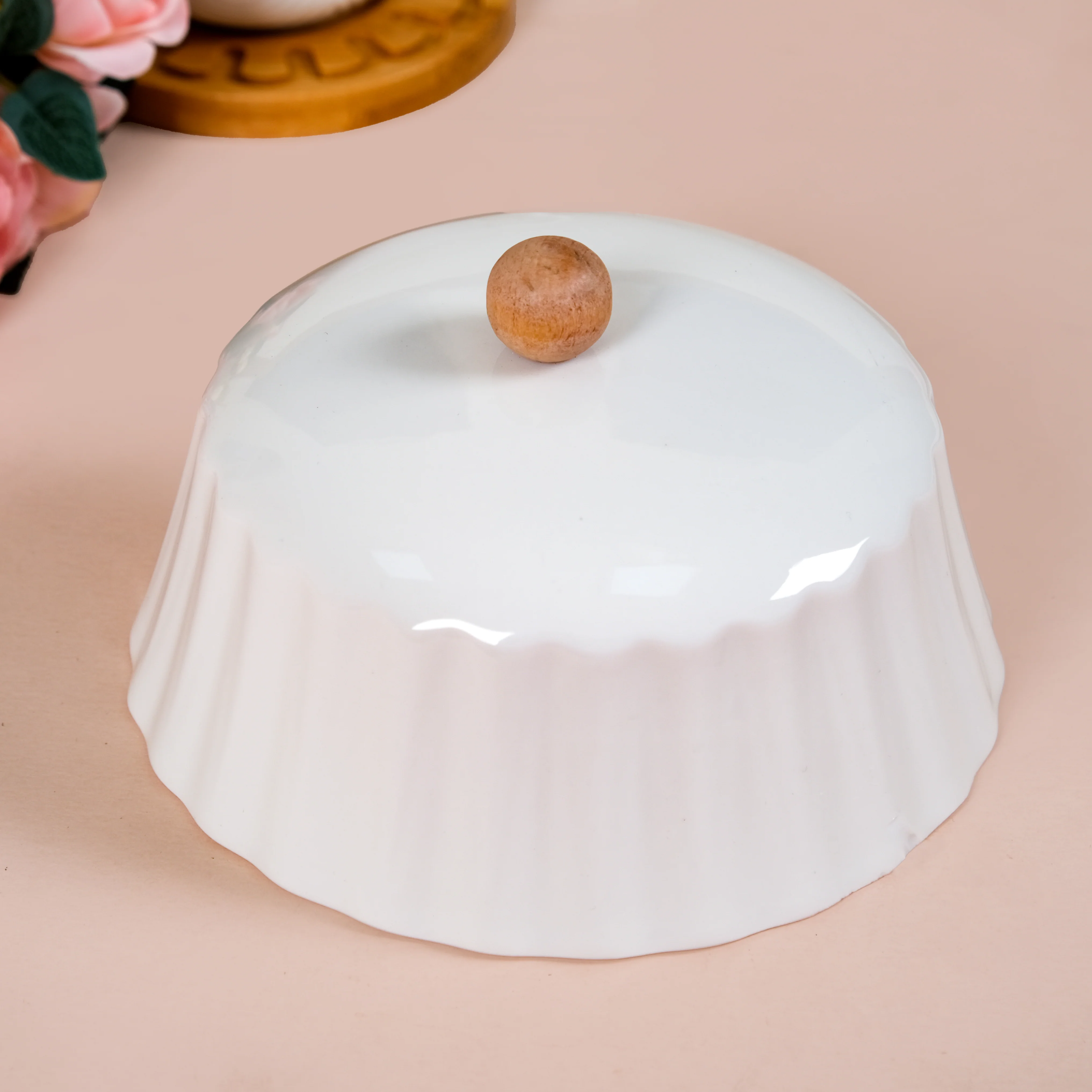 Round Wooden Dish With Fluted Texture Ceramic Lid - Image 6