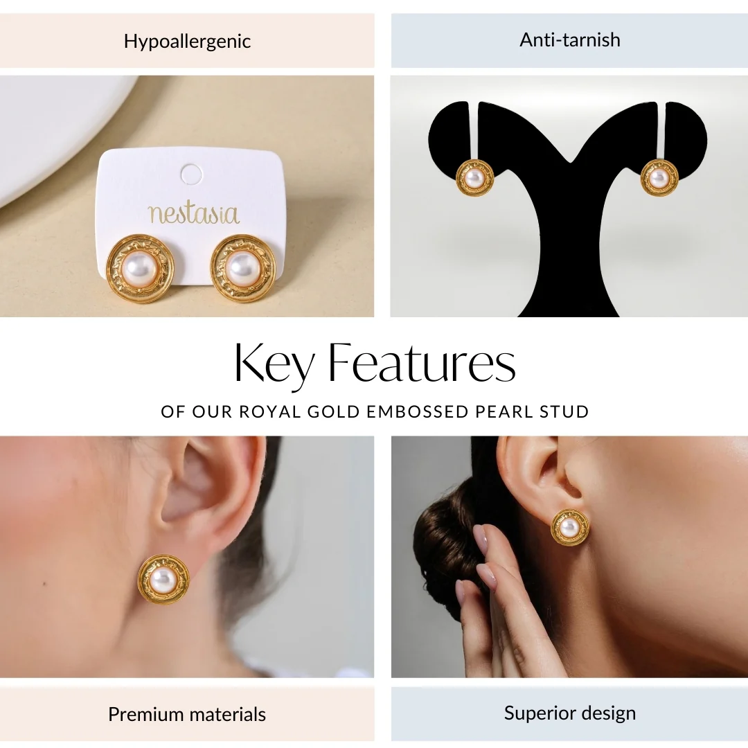 Royal Gold Embossed Pearl Stud - Image 4