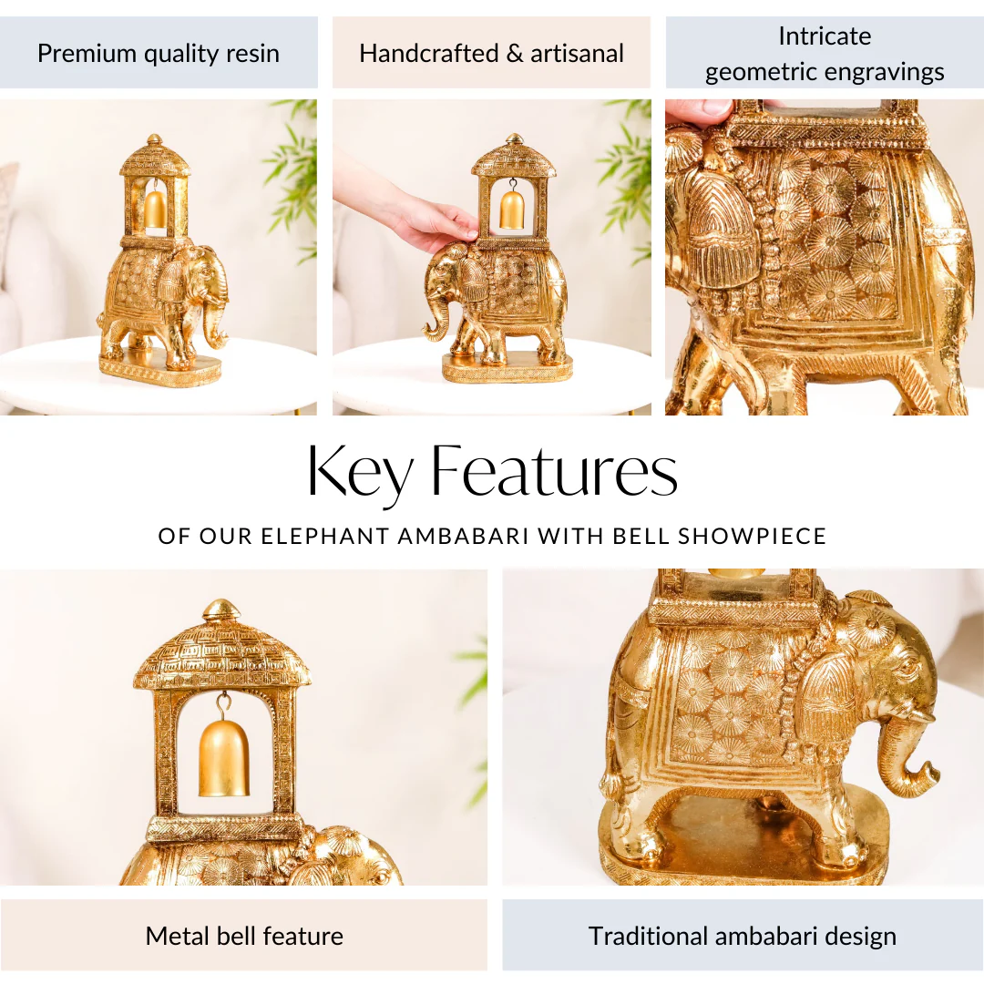 Royal Wedding Elephant With Bell Showpiece Gold - Image 4