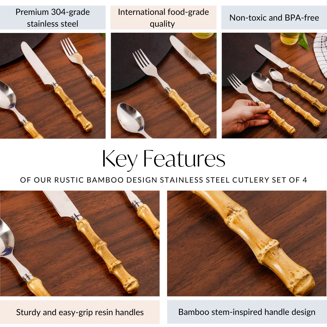Rustic Bamboo Design Stainless Steel Cutlery Set Of 4 - Image 5