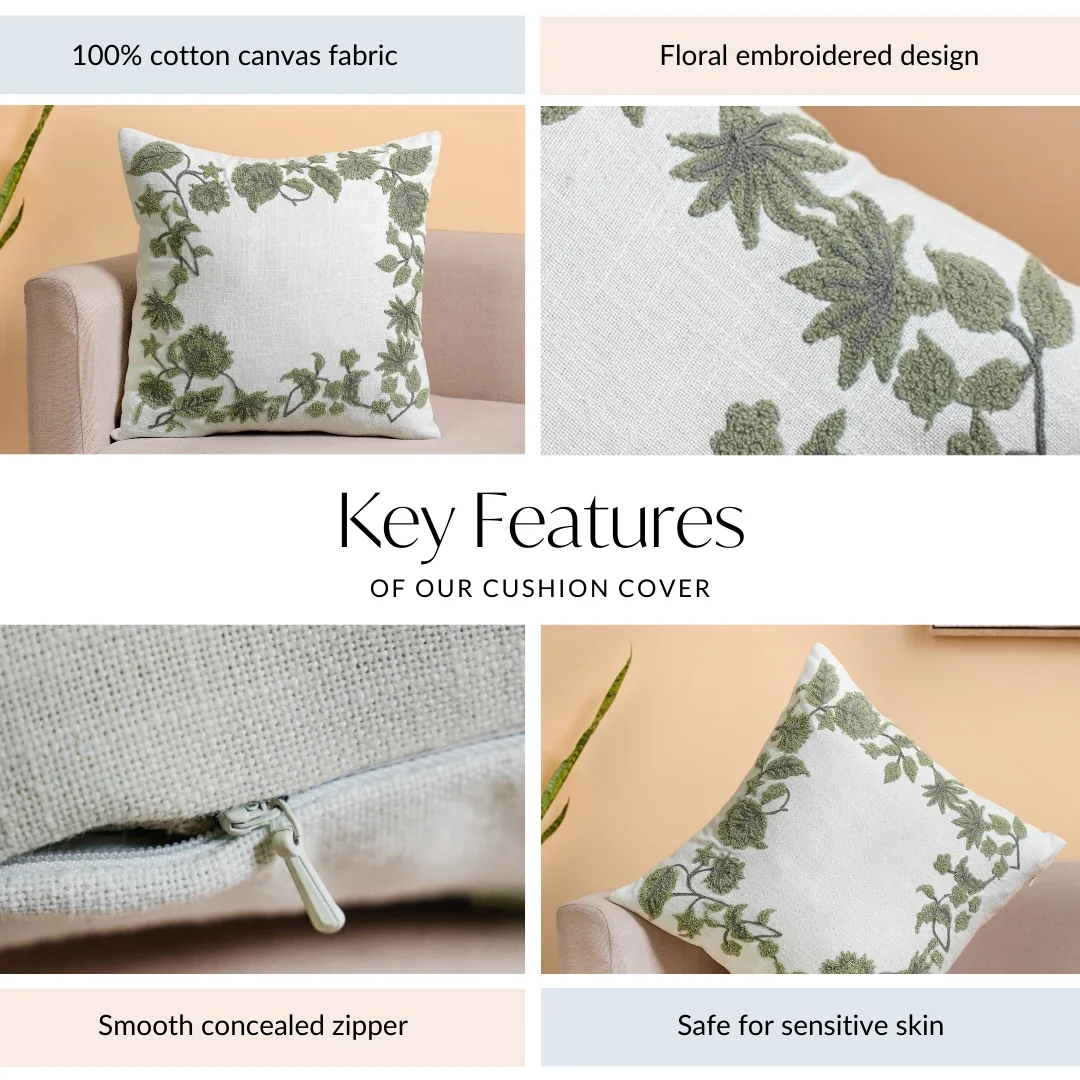 Sage Bloom Cotton Canvas Embroidered Cushion Cover 40x40cm - Image 4