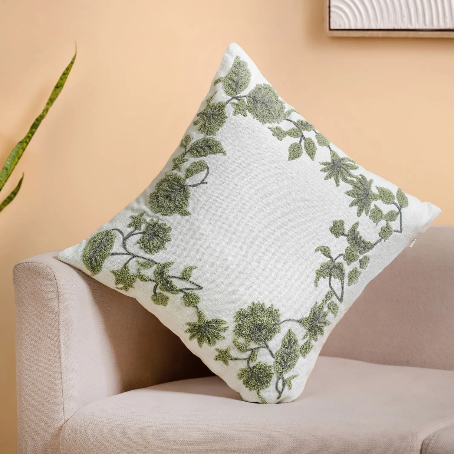 Sage Bloom Cotton Canvas Embroidered Cushion Cover 40x40cm - Image 7