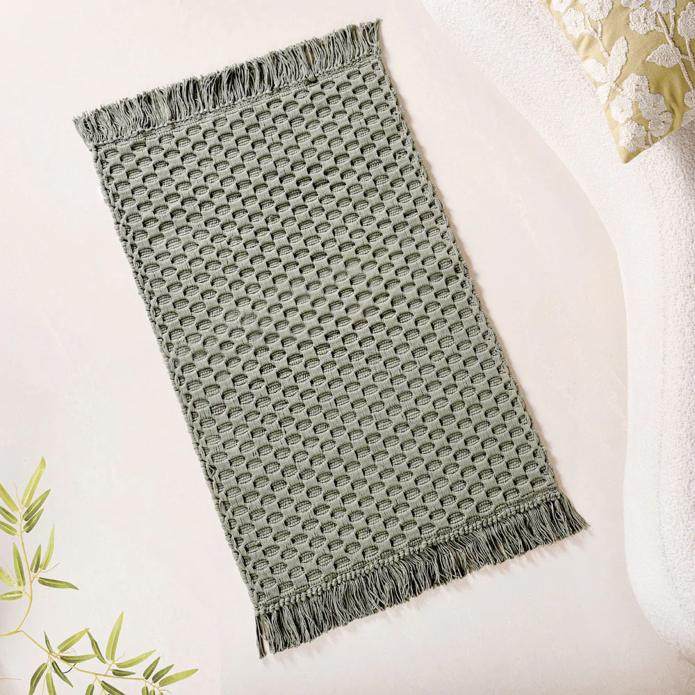 Sage Green Handcrafted Waffle Weave Cotton Floor Mat 37x20 Inch - Image 6