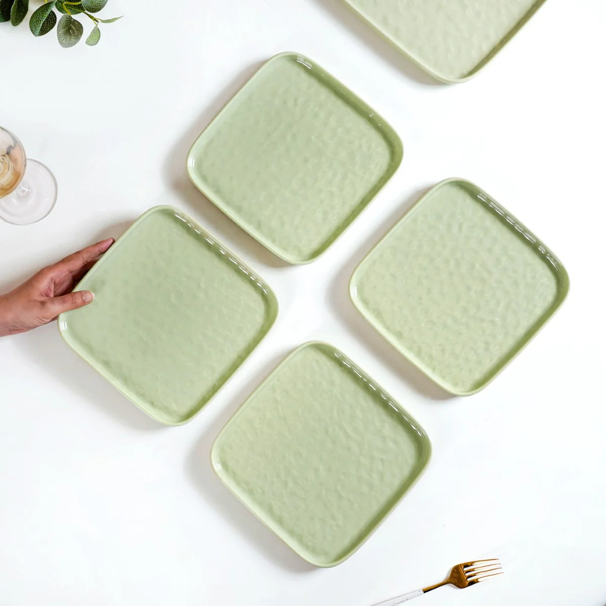 Sage Green Stoneware Square Snack Plate Set Of 4 8 Inch - Image 2