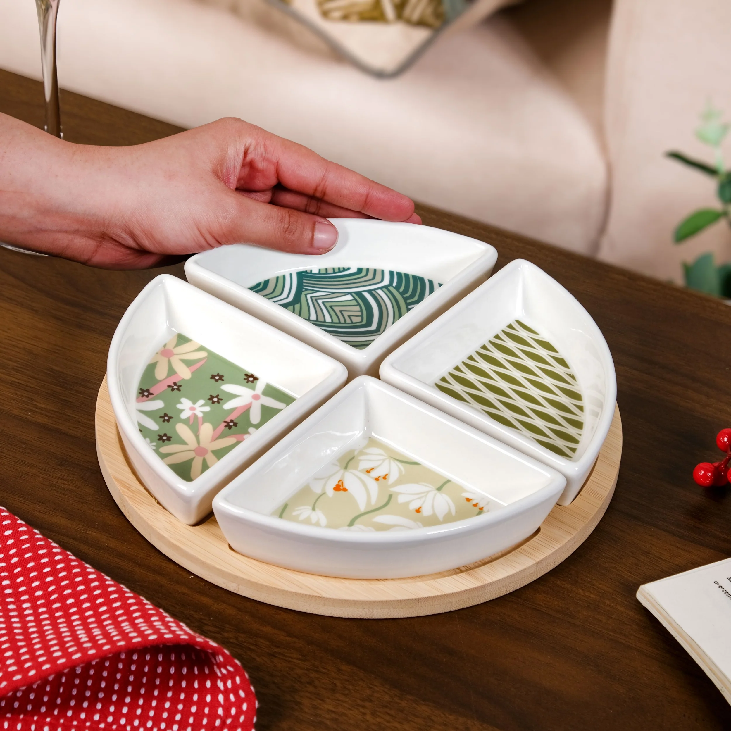 Sage Scape Sectioned Platter With Wooden Tray Set Of 5 - Image 4