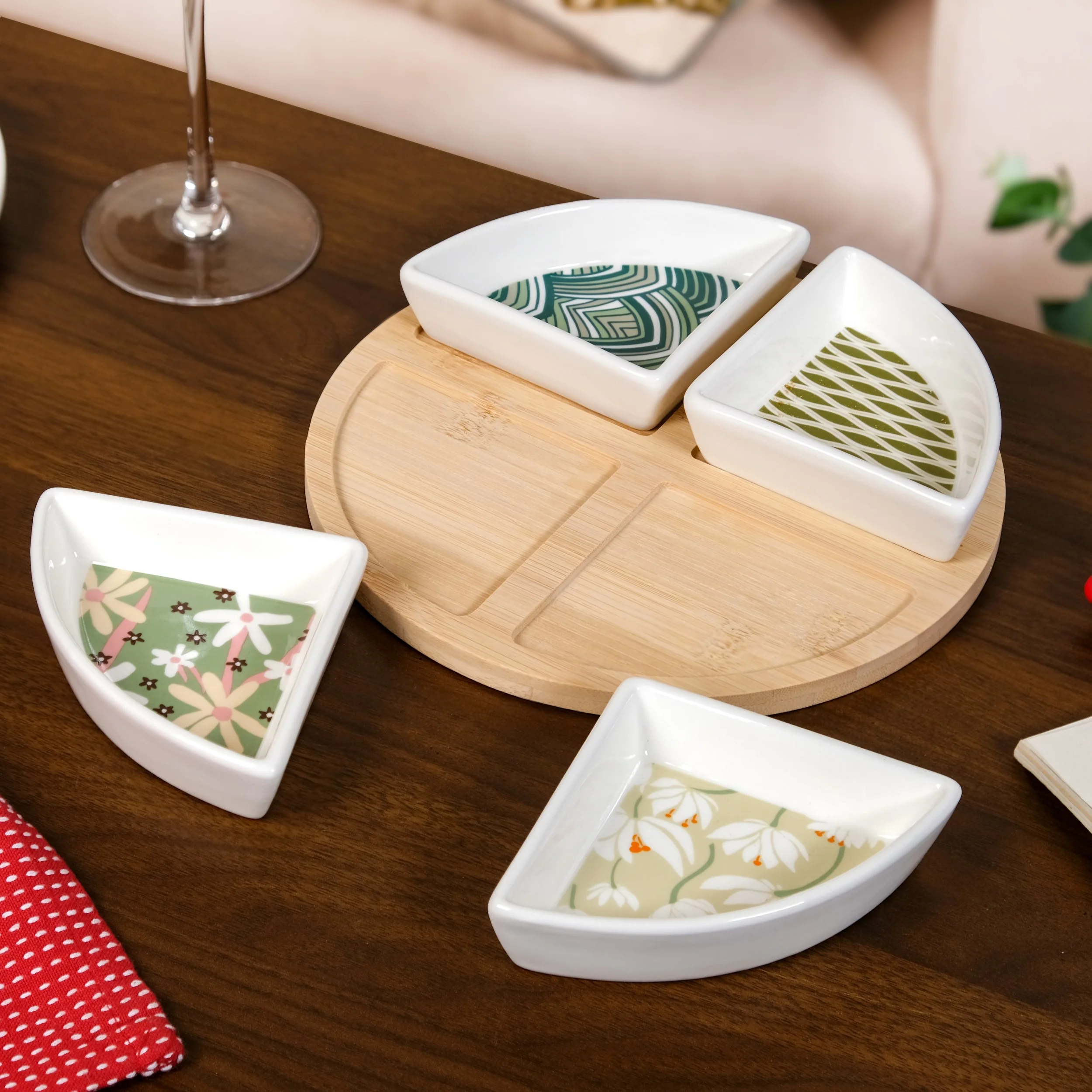 Sage Scape Sectioned Platter With Wooden Tray Set Of 5 - Image 8