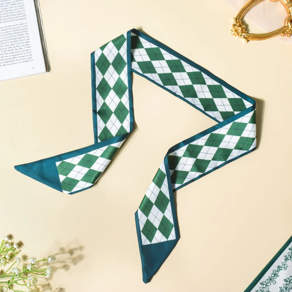 Satin Skinny Scarf Green And White 34 Inch Set of 2 - Image 8