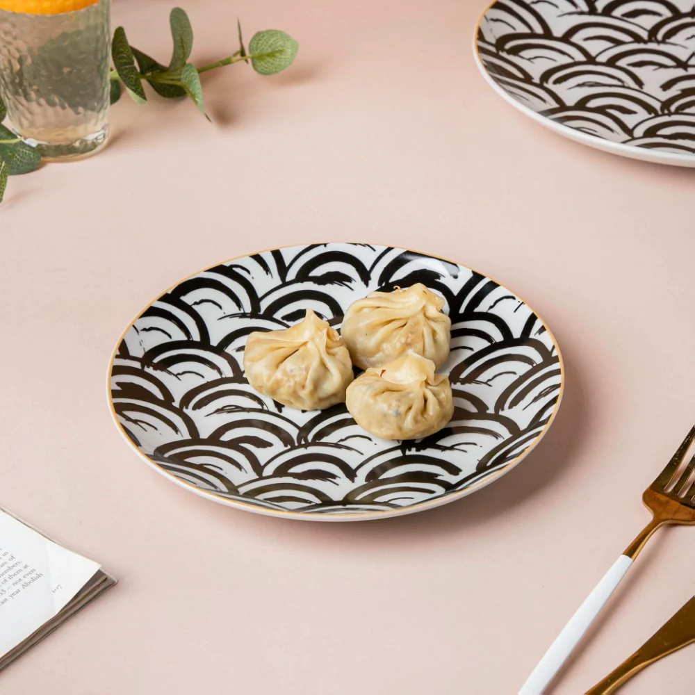 Scallop Artistic Snack Plate Black White 8 Inch