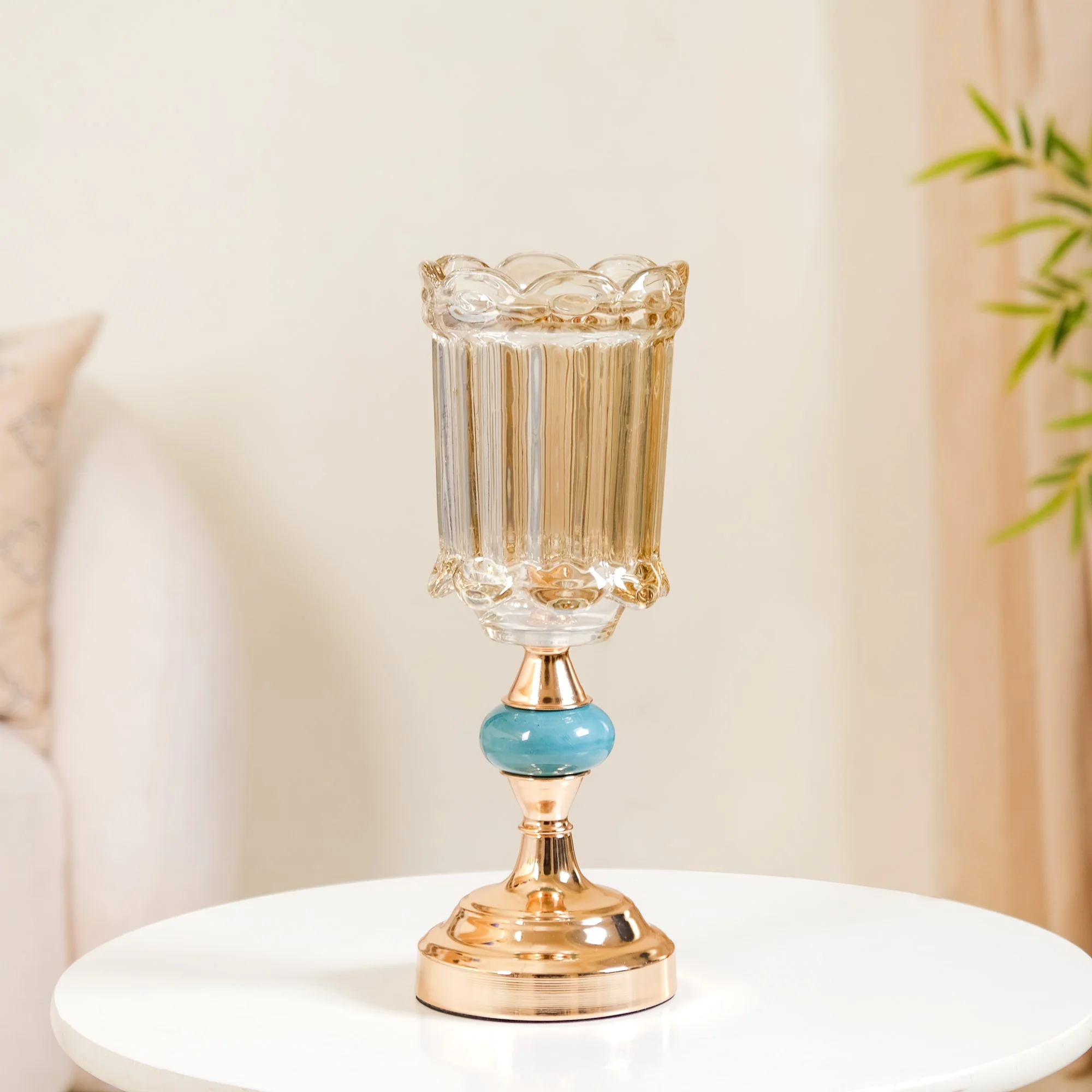 Scalloped Glass Hurricane Candle Stand And Vase - Image 3