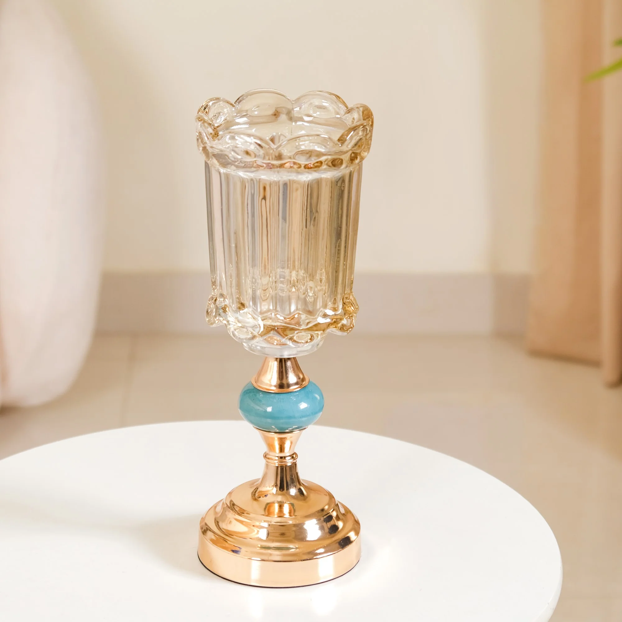 Scalloped Glass Hurricane Candle Stand And Vase - Image 8