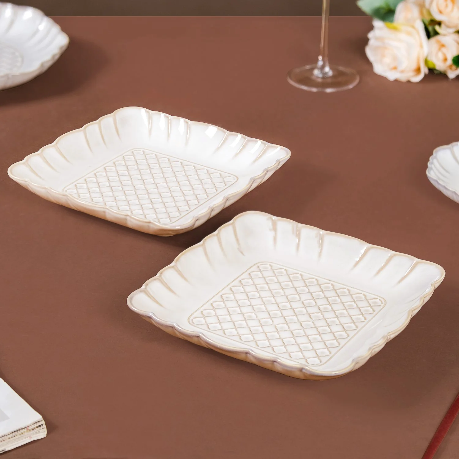Scalloped Rimmed Square Platter Set Of 2 Ivory 8 Inch