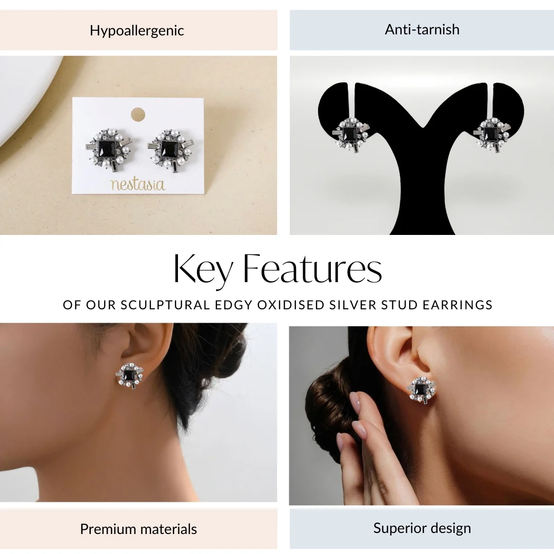 Sculptural Edgy Oxidised Silver Stud Earrings - Image 4