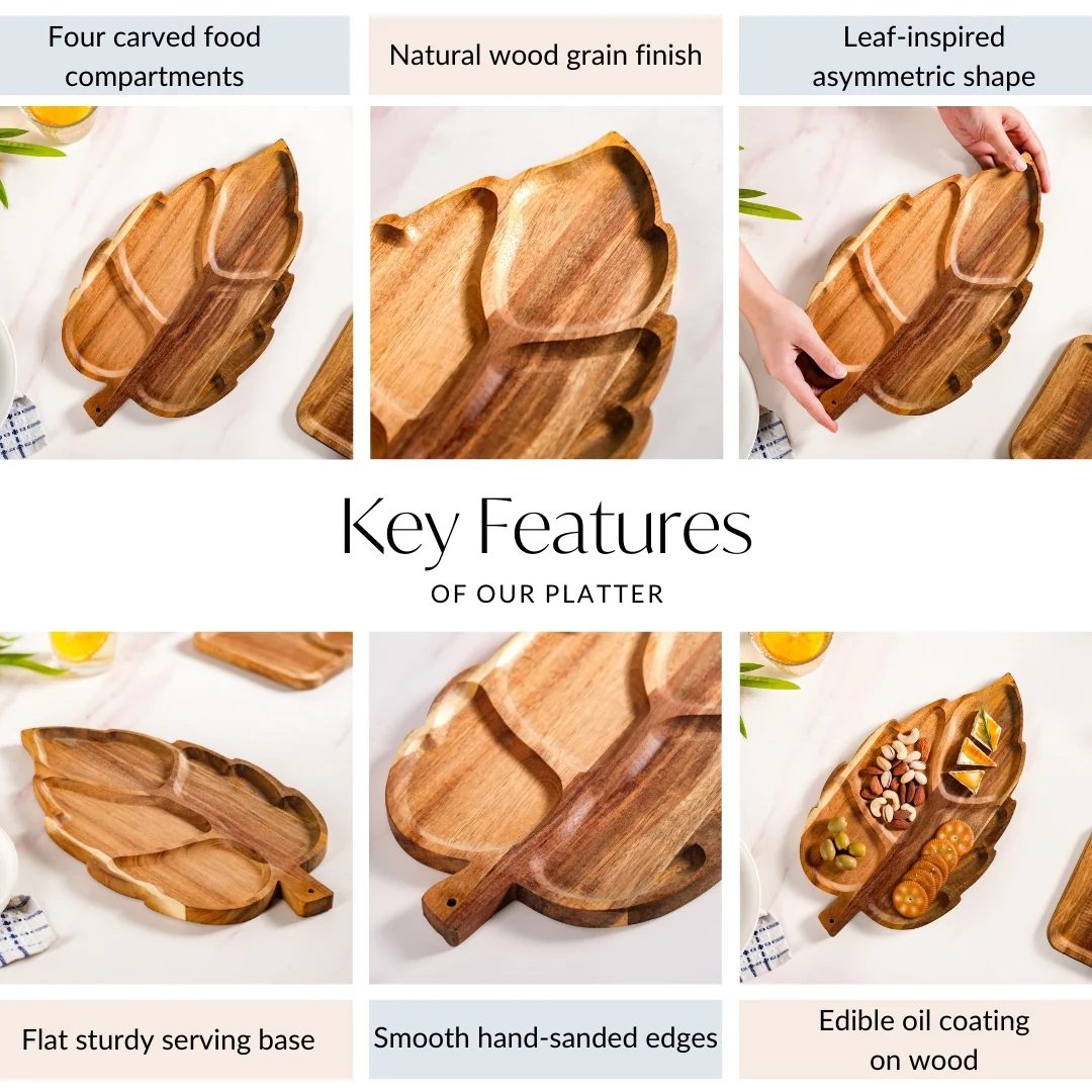 Sectioned Leaf Snack Platter Acacia Wood 12 Inch - Image 4