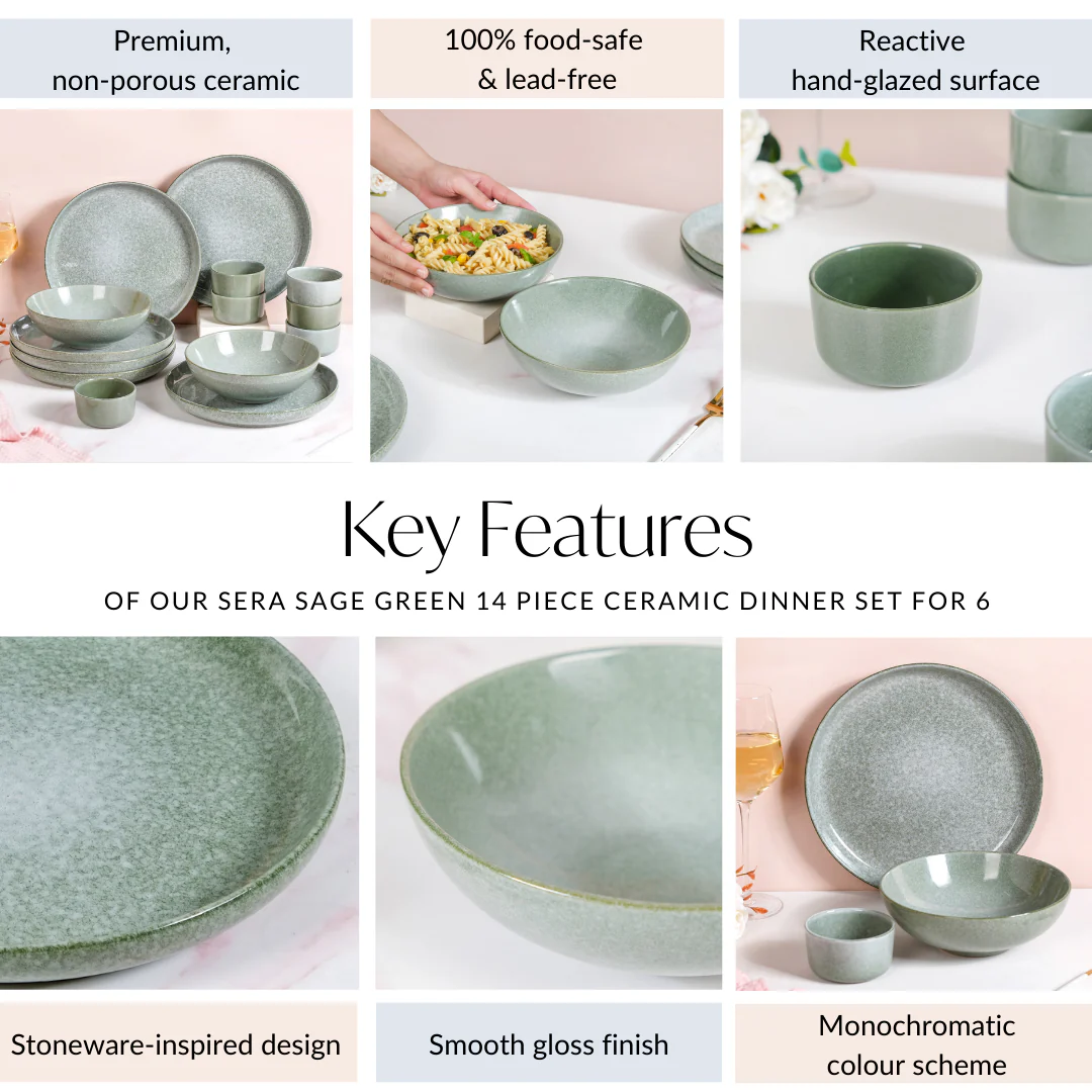 Sera Sage Green 14 Piece Ceramic Dinner Set For 6 - Image 5