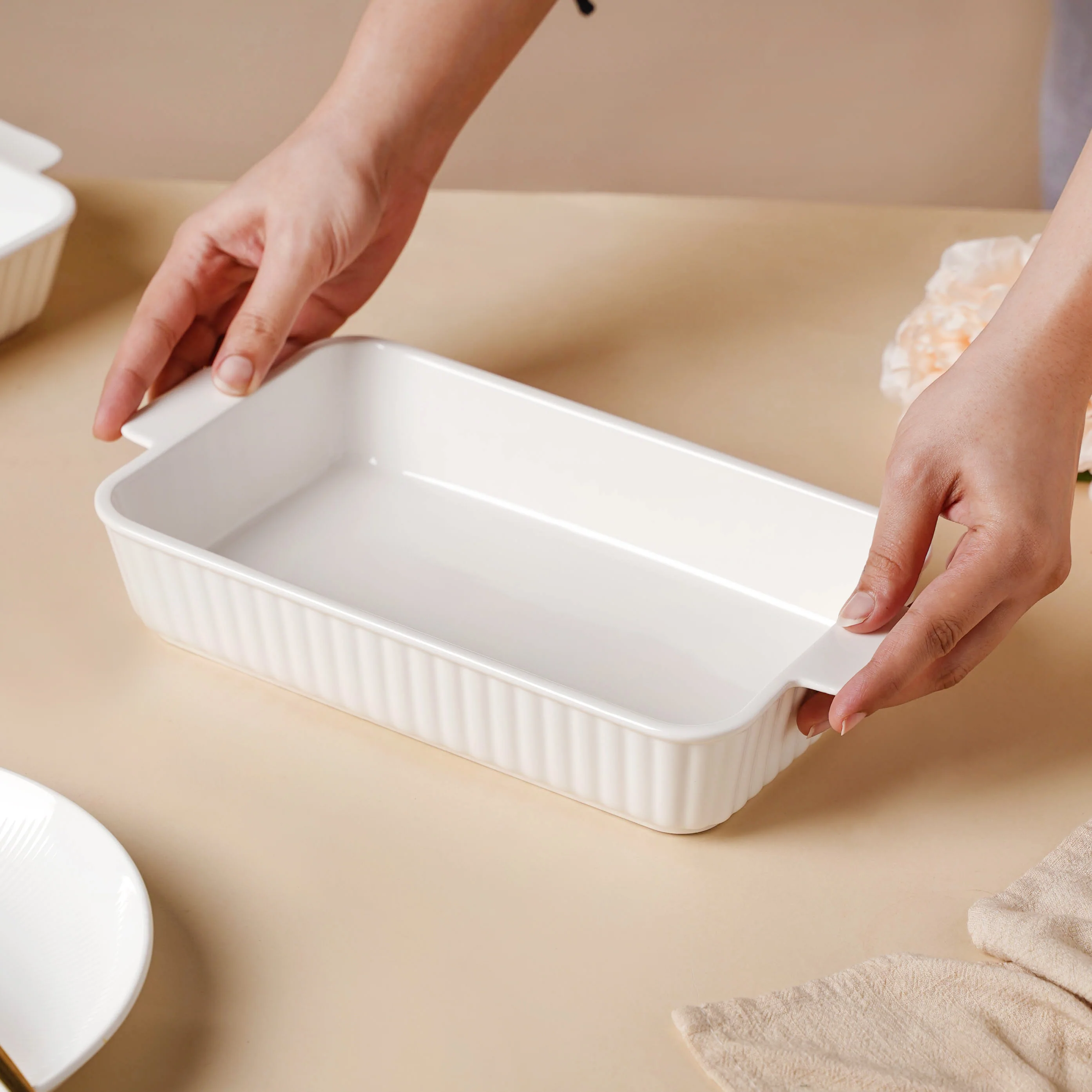 Serena Lily White Ceramic Ribbed Baking Plate Large - Image 2