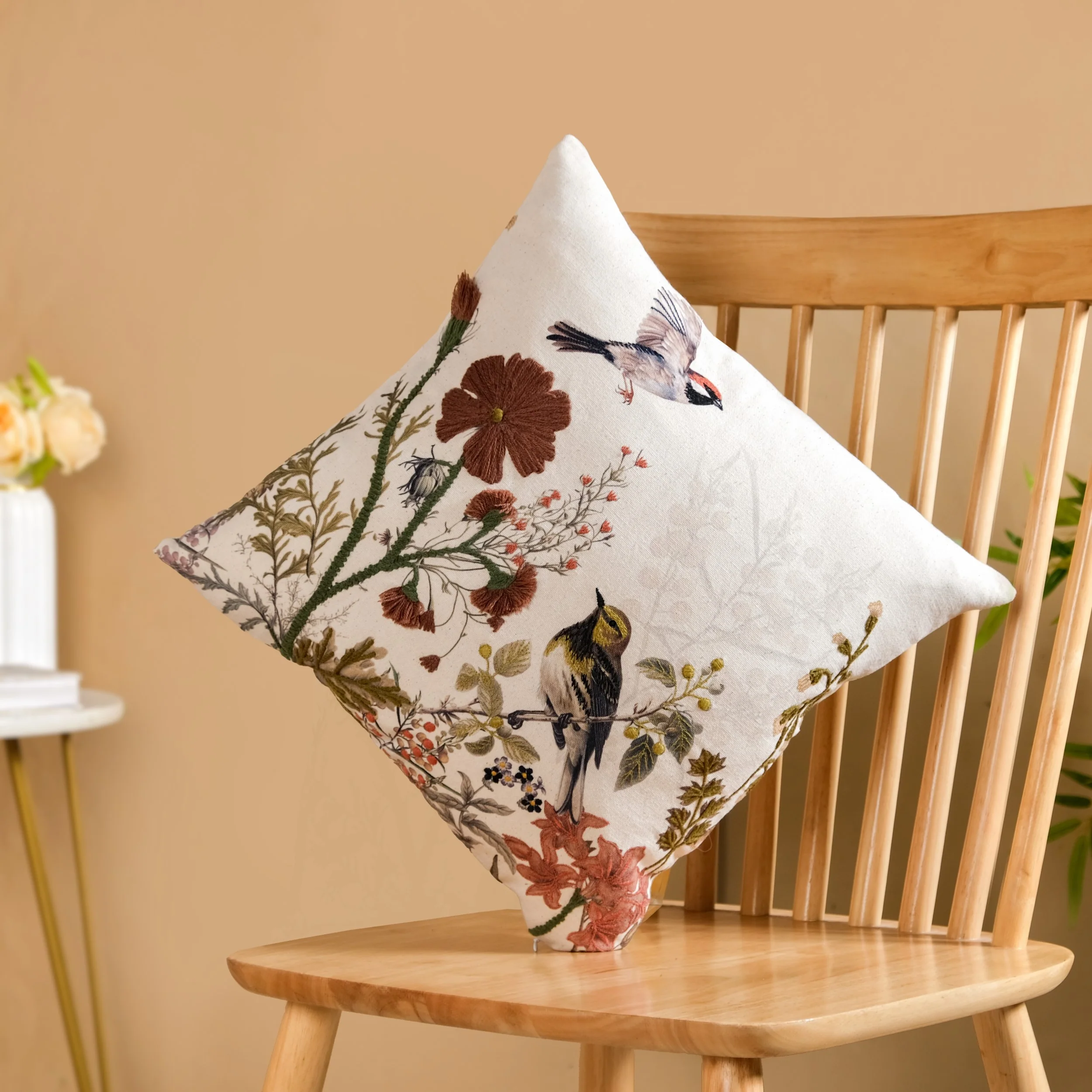 Serene Songbird Embroidered Cotton Cushion Cover 40x40cm