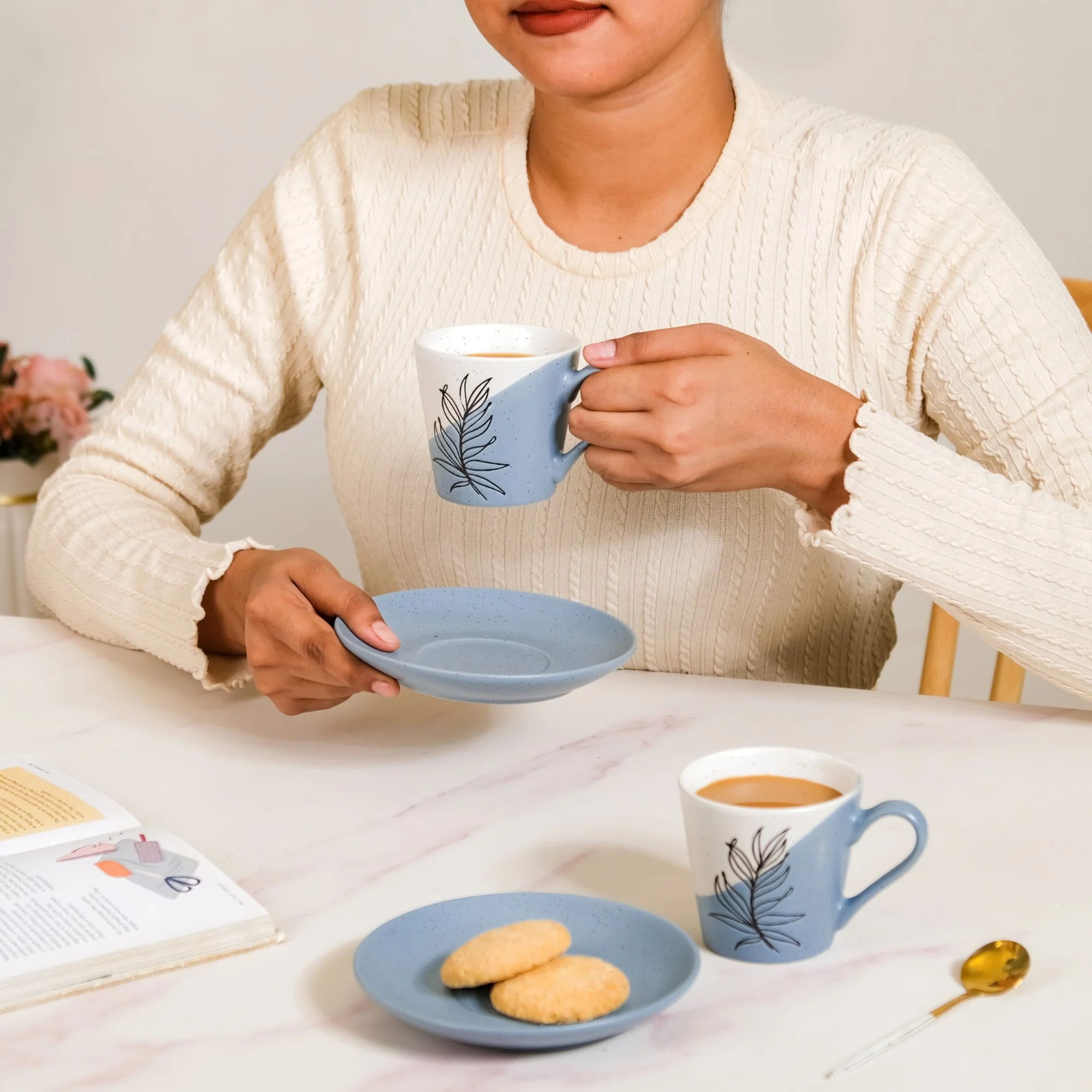 Serene Tropics Ceramic Tea Cup And Saucer Set Of 4 Blue 225ml - Image 3