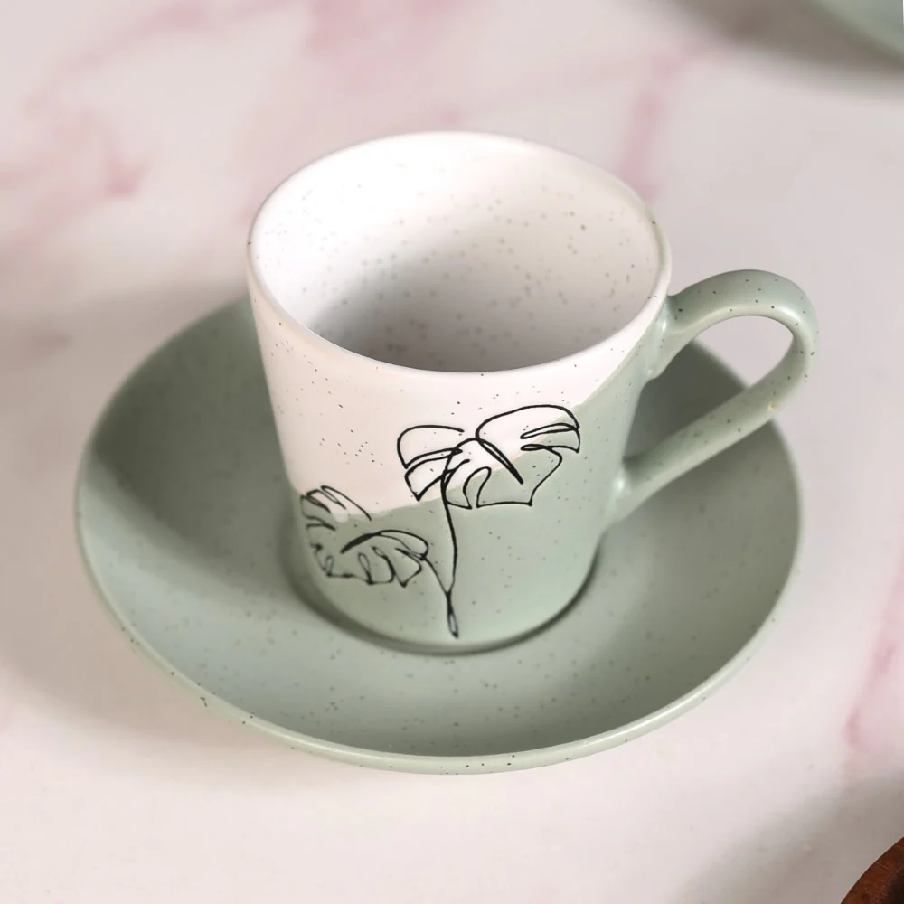 Serene Tropics Ceramic Tea Cup Saucer Set Of 4 Sage 225ml - Image 6