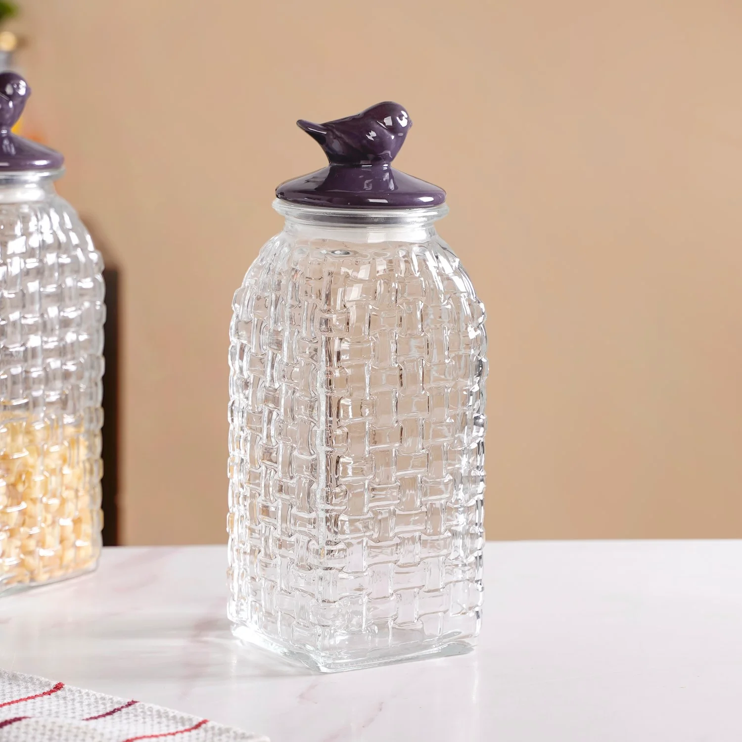 Set Of 2 Basket Weave Glass Jar With Purple Bird Lid 2000ml - Image 5