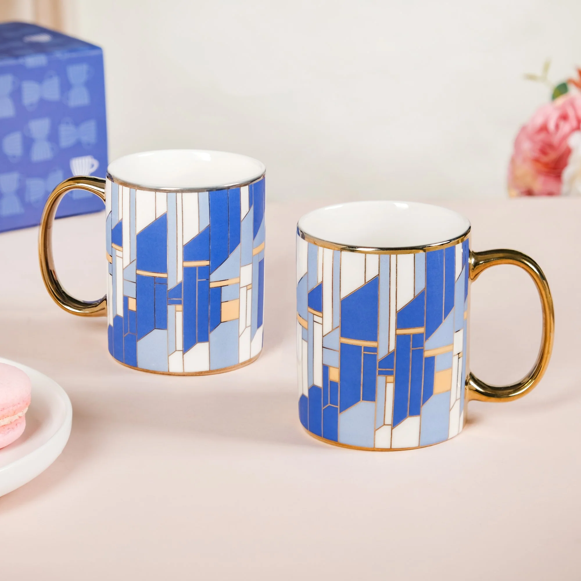 Set Of 2 Blue Gold Tea Cups With Gift Box 350ml - Image 2