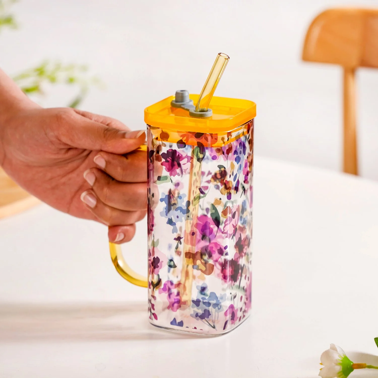 Set of 2 Garden Rose Leakproof Travel Glass Sipper Cup With Straw 365ml - Image 2