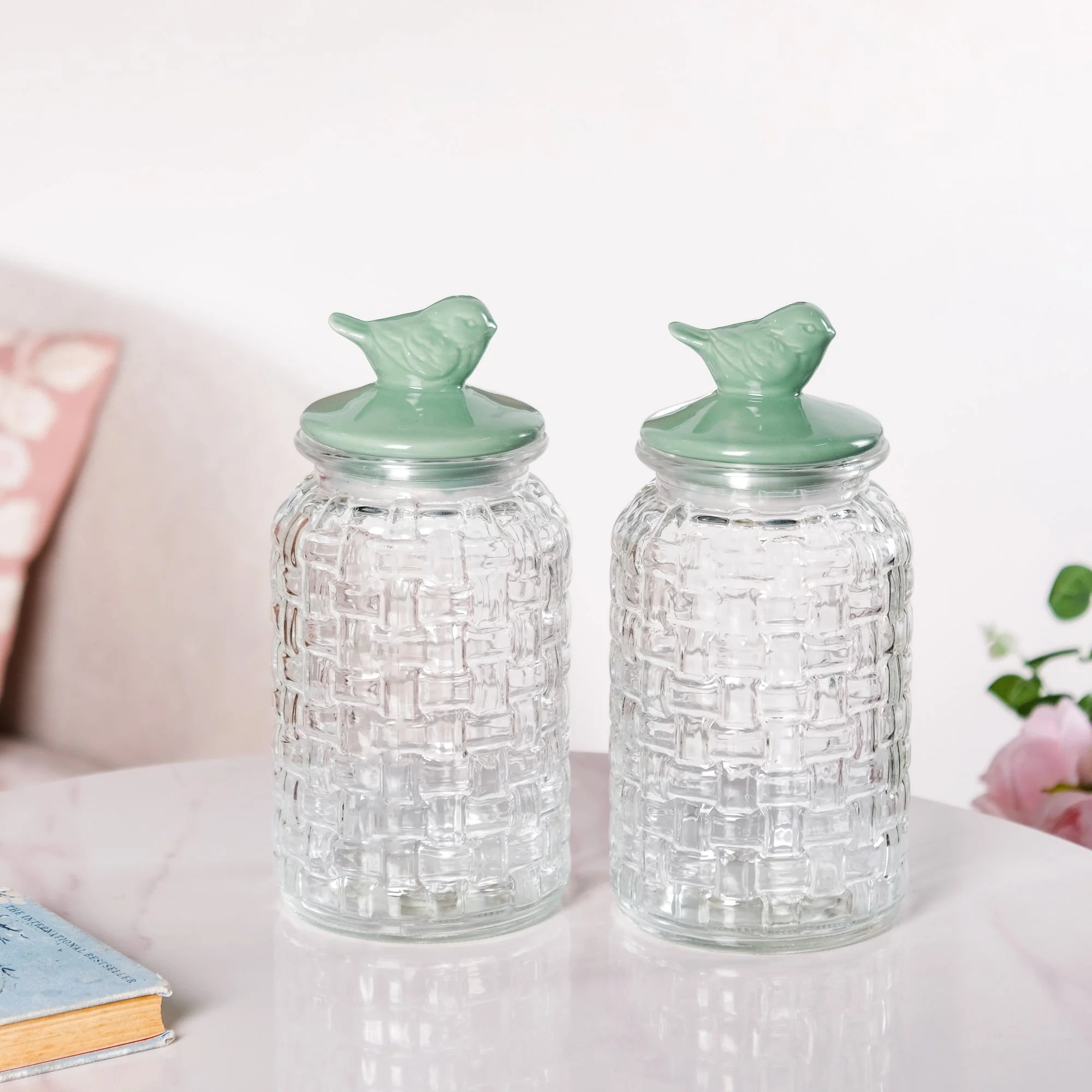 Set Of 2 Glass Jars With Green Bird Lid 1300ml