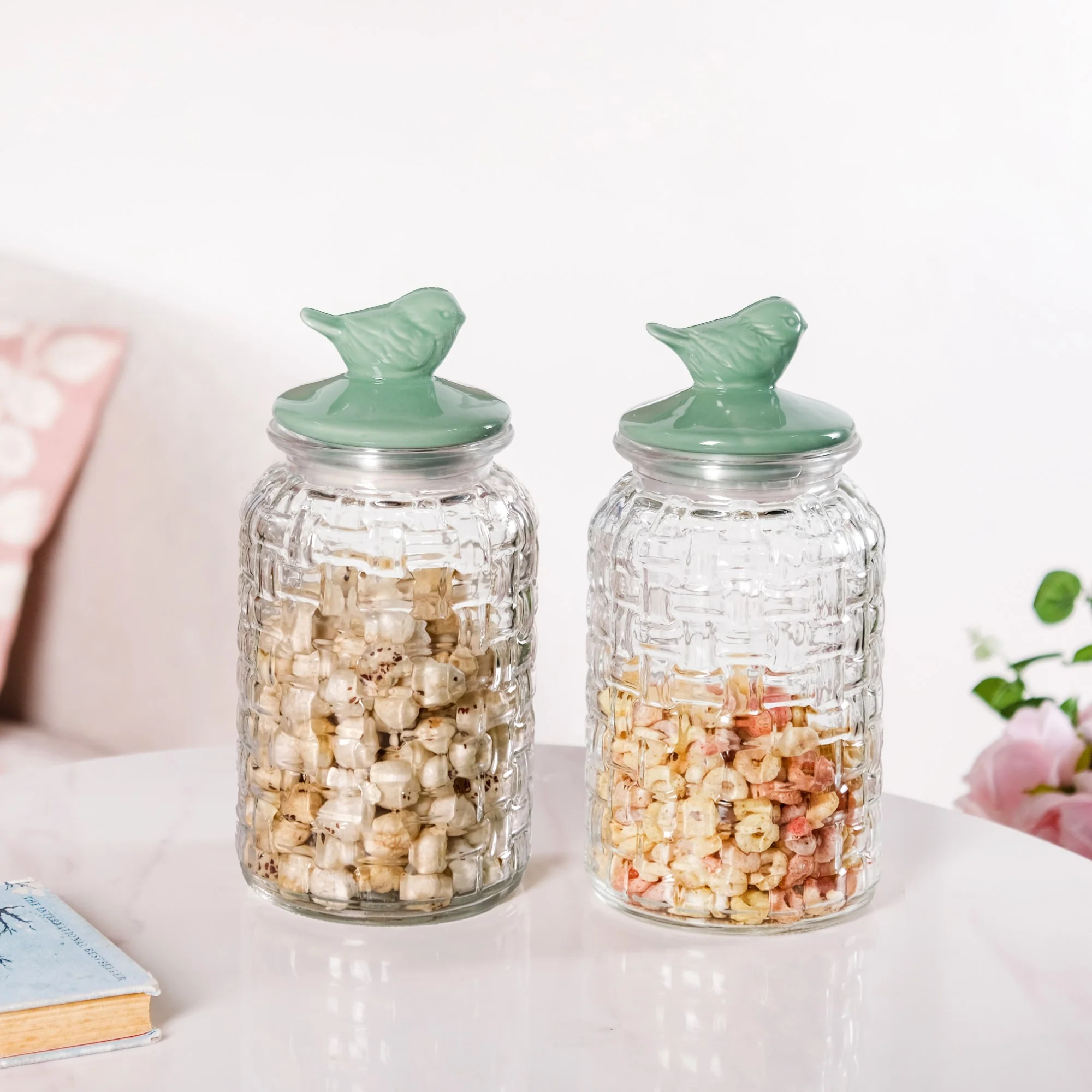 Set Of 2 Glass Jars With Green Bird Lid 1300ml - Image 2