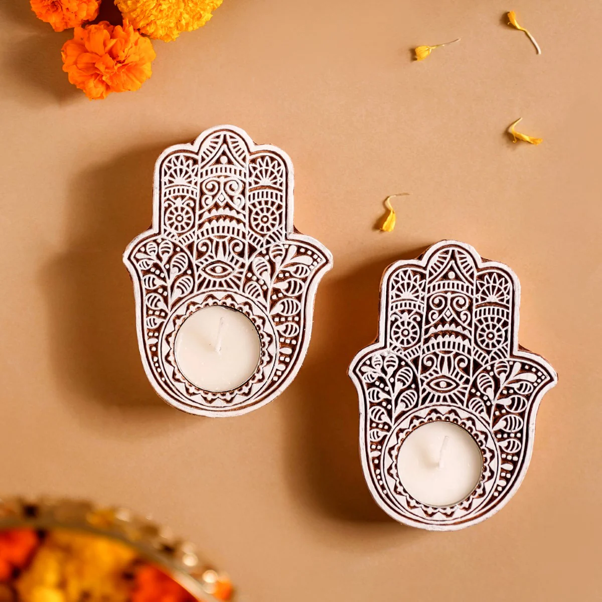 Set Of 2 Hamsa Hand Mango Wood Tea Light Holders - Image 10