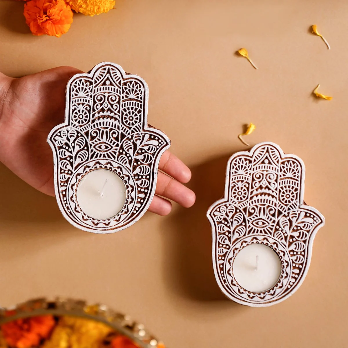 Set Of 2 Hamsa Hand Mango Wood Tea Light Holders - Image 2