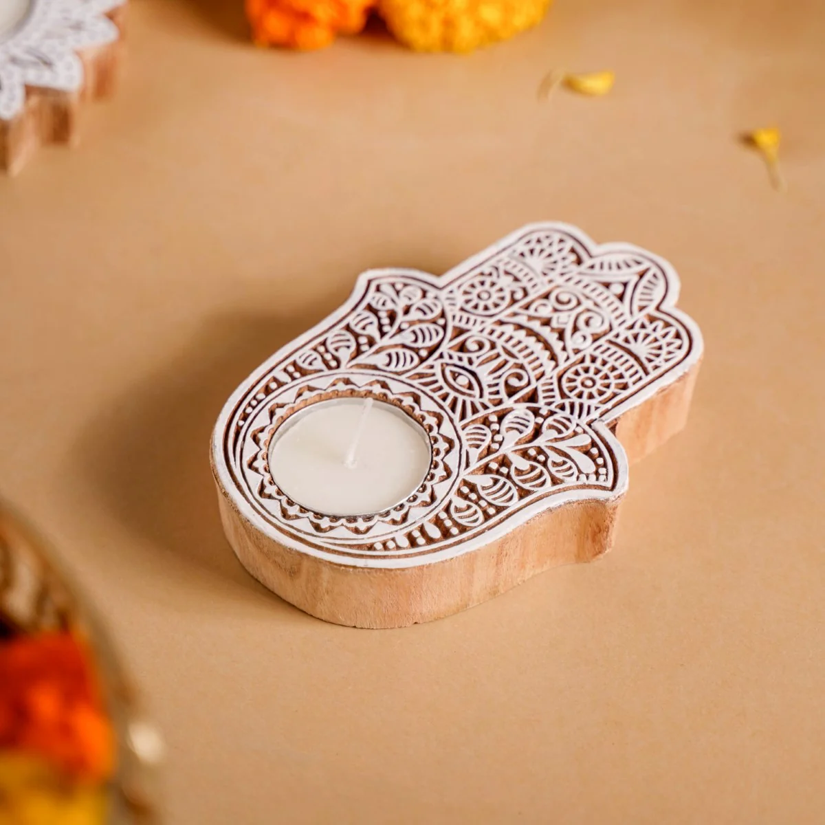 Set Of 2 Hamsa Hand Mango Wood Tea Light Holders - Image 3