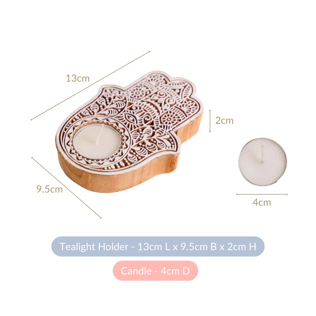 Set Of 2 Hamsa Hand Mango Wood Tea Light Holders - Image 4