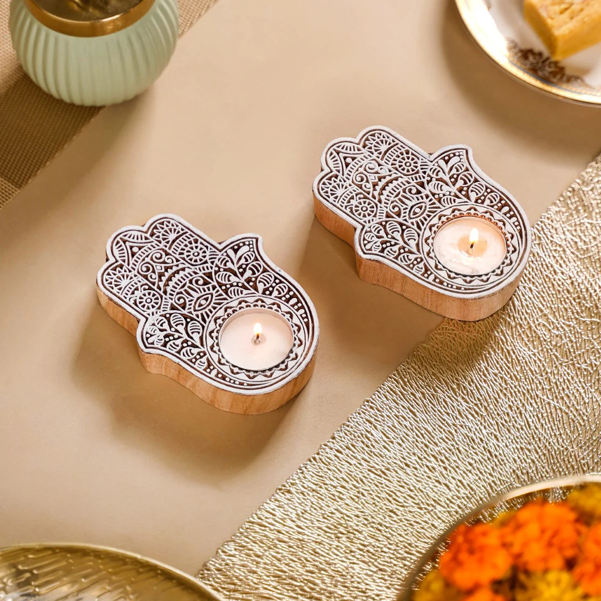 Set Of 2 Hamsa Hand Mango Wood Tea Light Holders - Image 5