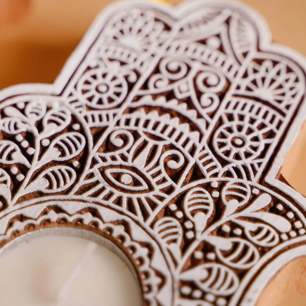 Set Of 2 Hamsa Hand Mango Wood Tea Light Holders - Image 6
