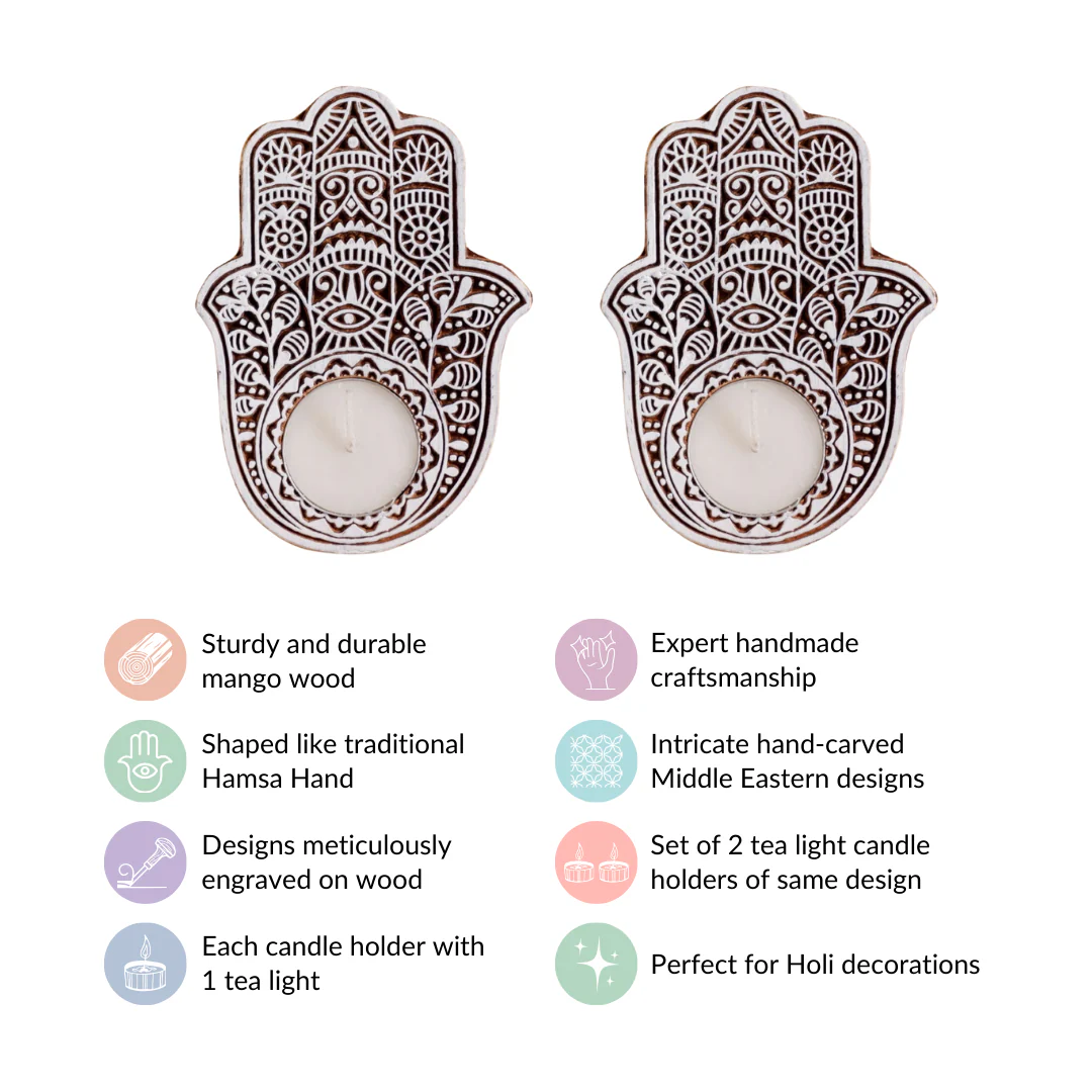 Set Of 2 Hamsa Hand Mango Wood Tea Light Holders - Image 7