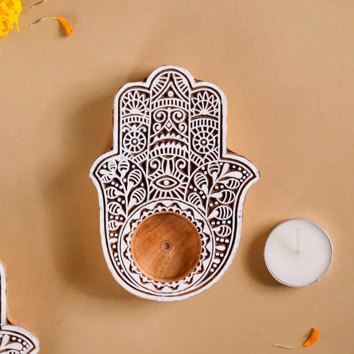 Set Of 2 Hamsa Hand Mango Wood Tea Light Holders - Image 8