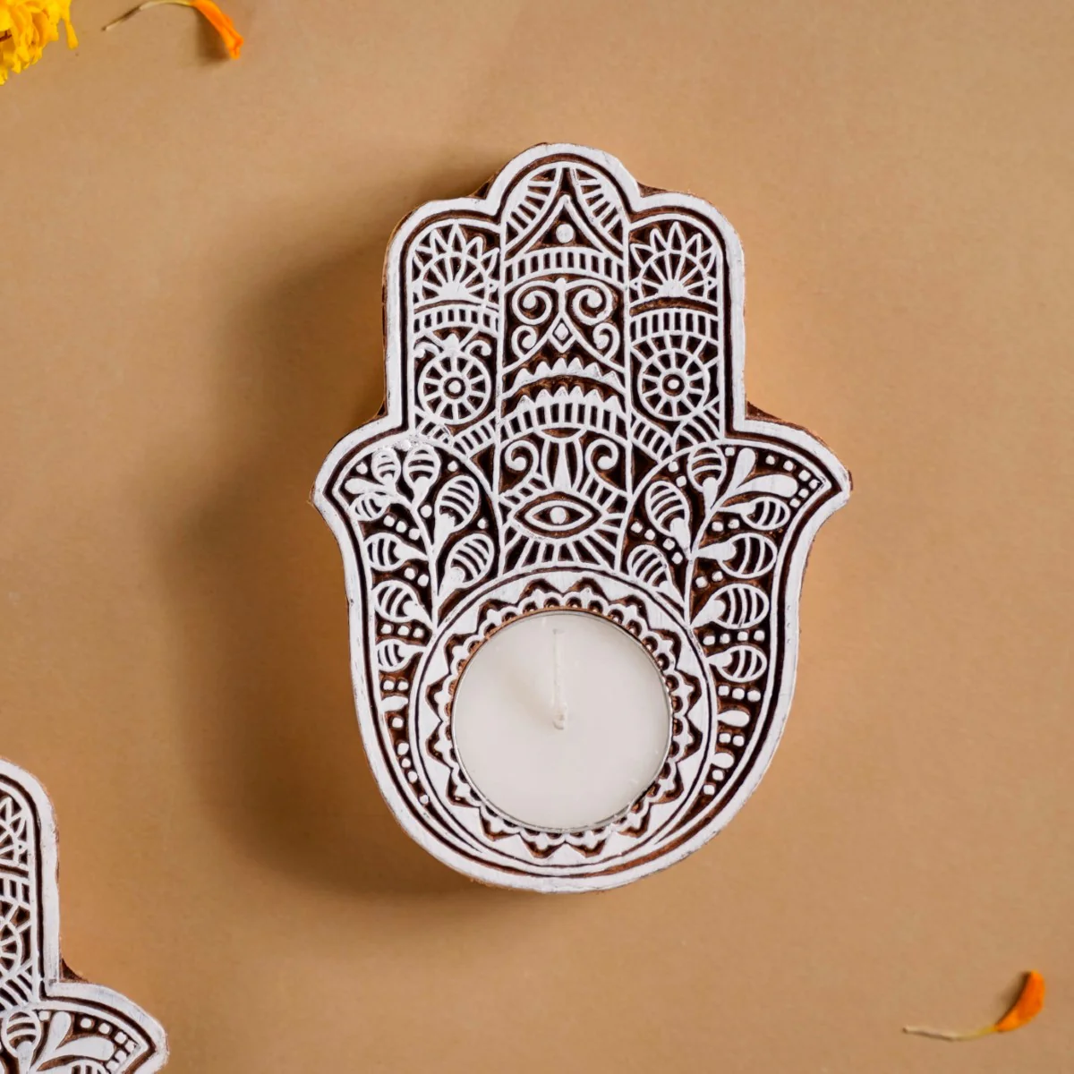 Set Of 2 Hamsa Hand Mango Wood Tea Light Holders - Image 9