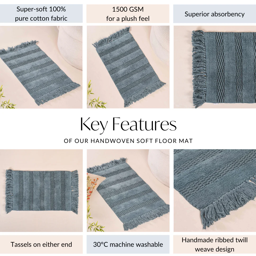 Set Of 2 Handwoven Ribbed Twill Plush Cotton Door Mats Blue 31x17 Inch - Image 5