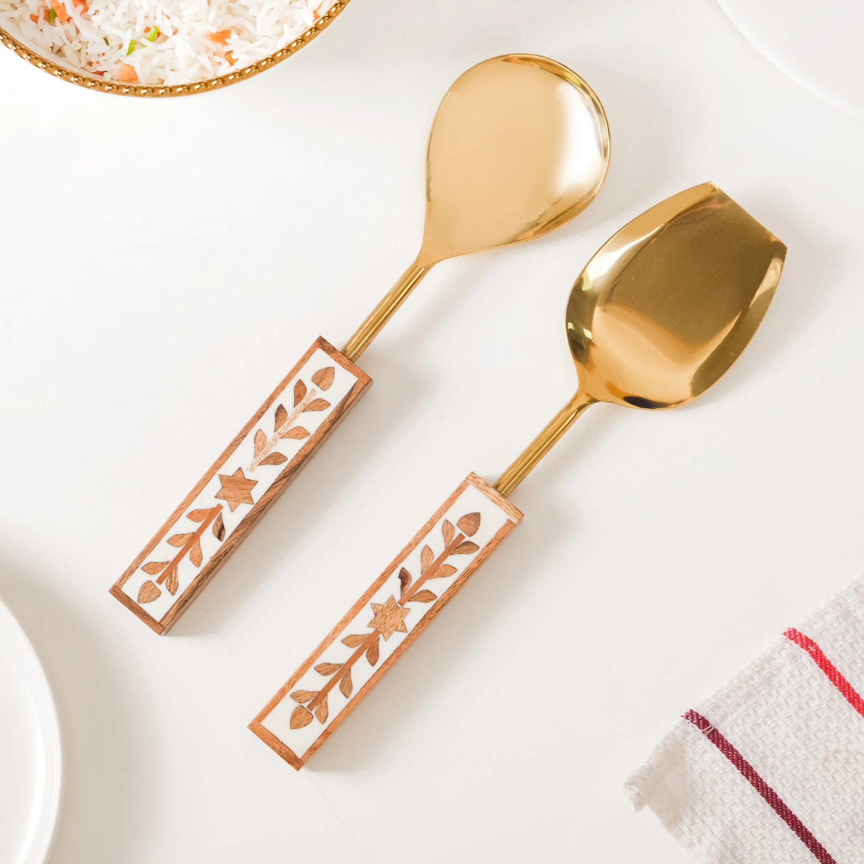 Set Of 2 Inlay Wooden Serving Spoons Gold - Image 4