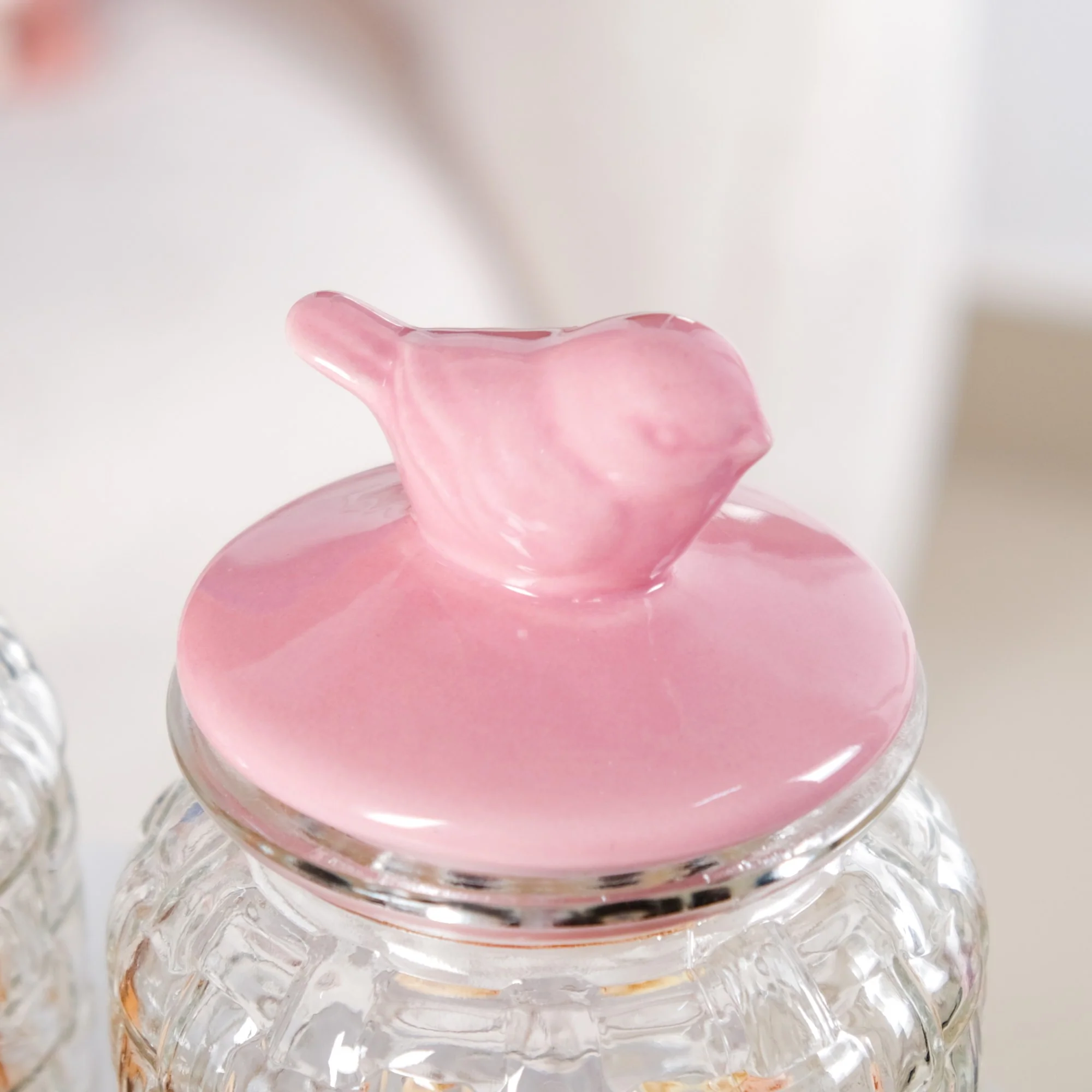 Set Of 2 Pink Bird Ceramic Lid Glass Storage Jar 1000ml - Image 6
