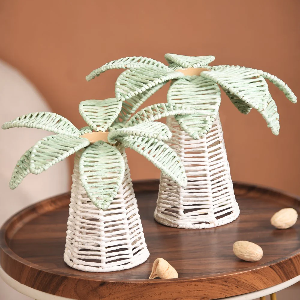 Set Of 2 Raffia Palm Candle Holder For Home Decor - Image 7
