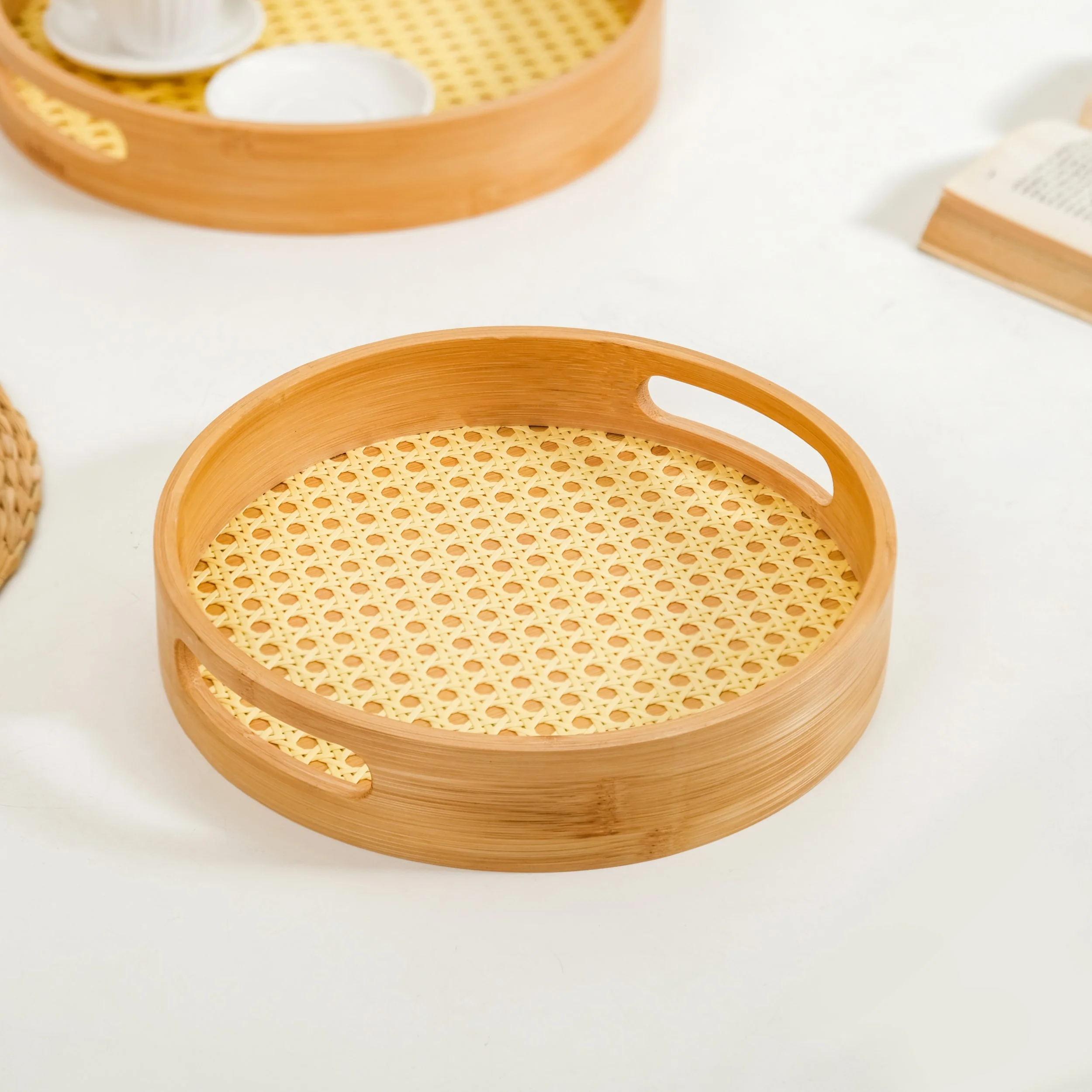 Set Of 2 Rattan Weave Round Wooden Trays - Image 3