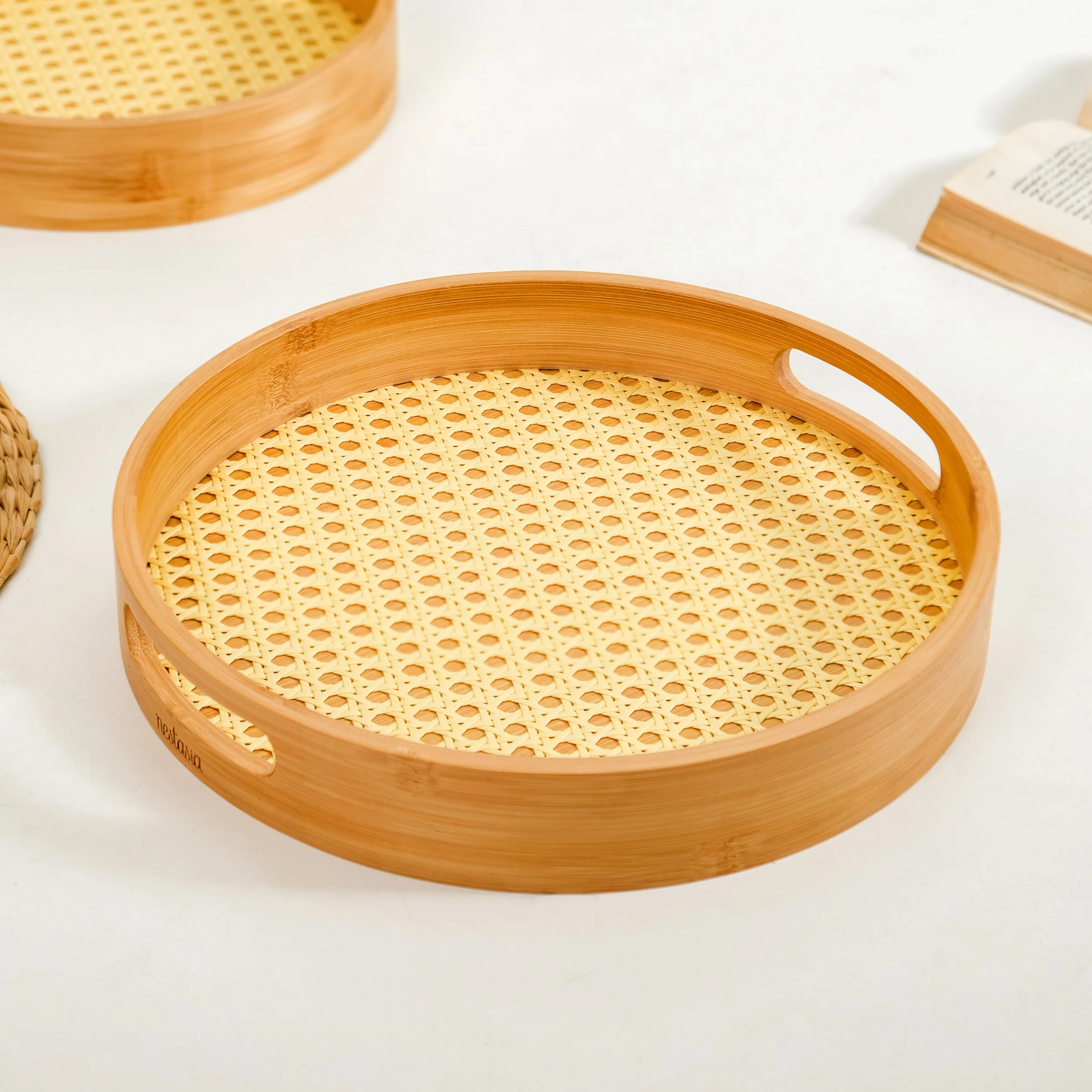 Set Of 2 Rattan Weave Round Wooden Trays - Image 6