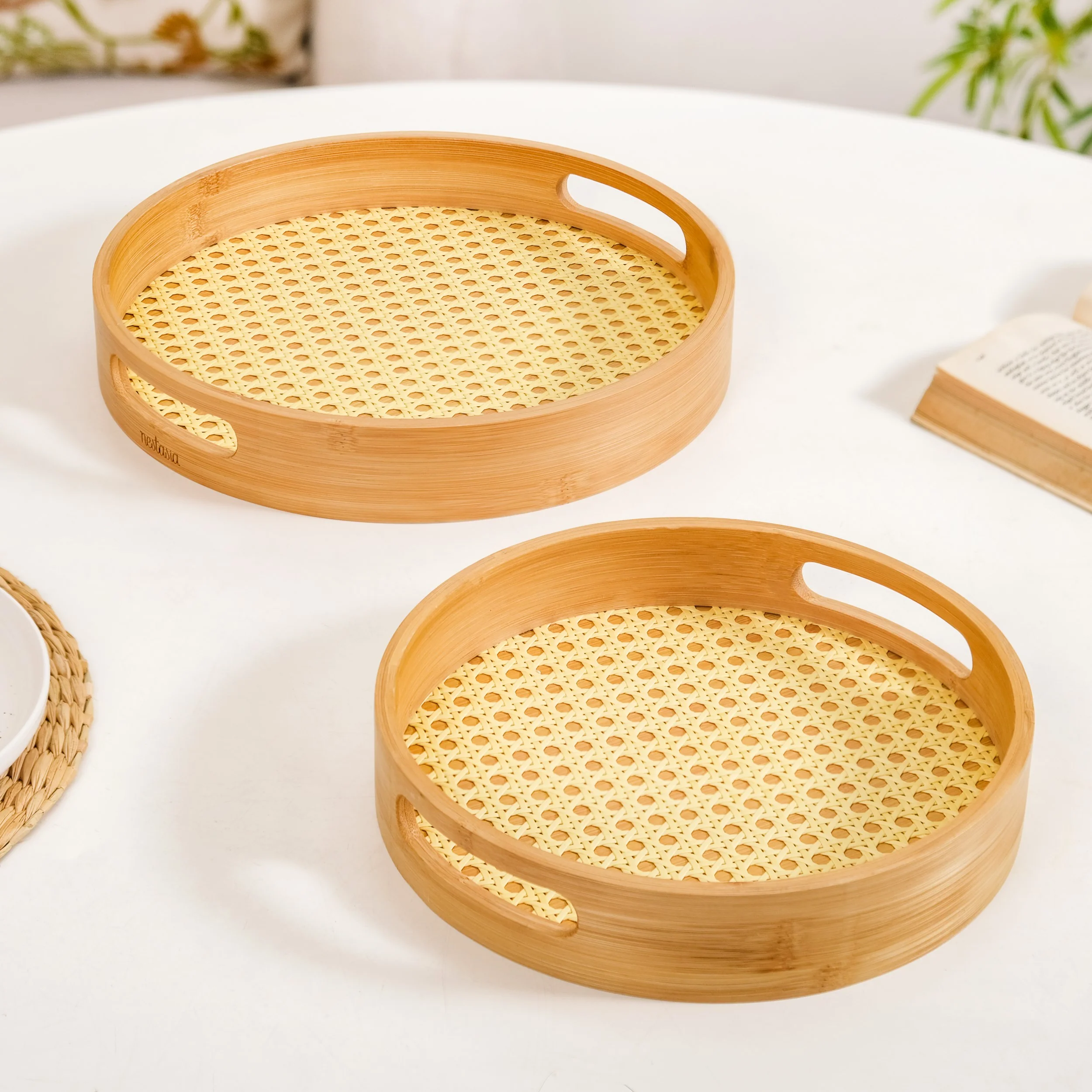 Set Of 2 Rattan Weave Round Wooden Trays - Image 9