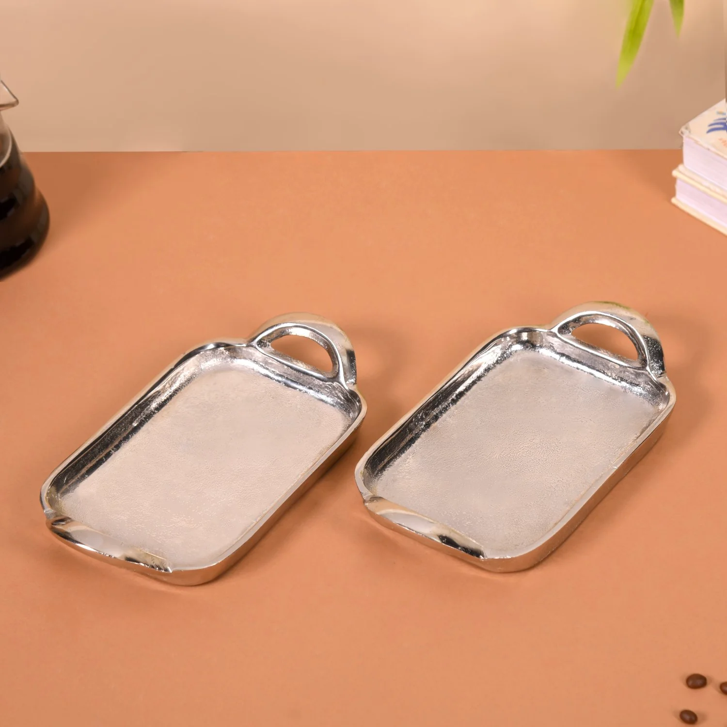 Set Of 2 Silver Tray With Handles Single Serve - Image 2
