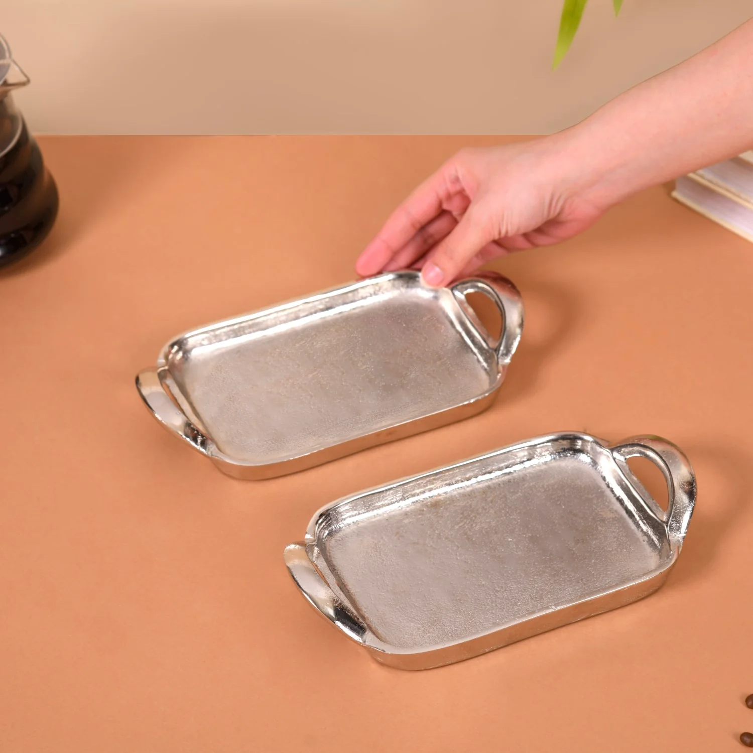 Set Of 2 Silver Tray With Handles Single Serve - Image 4