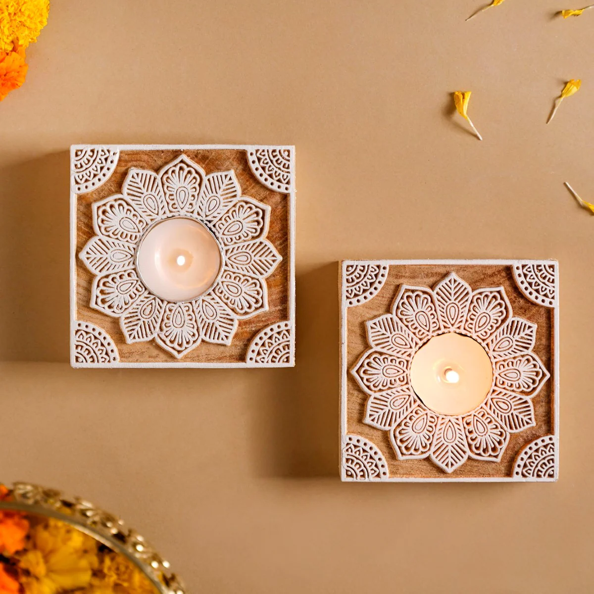 Set Of 2 Square Block Wooden Tea Light Holders - Image 2