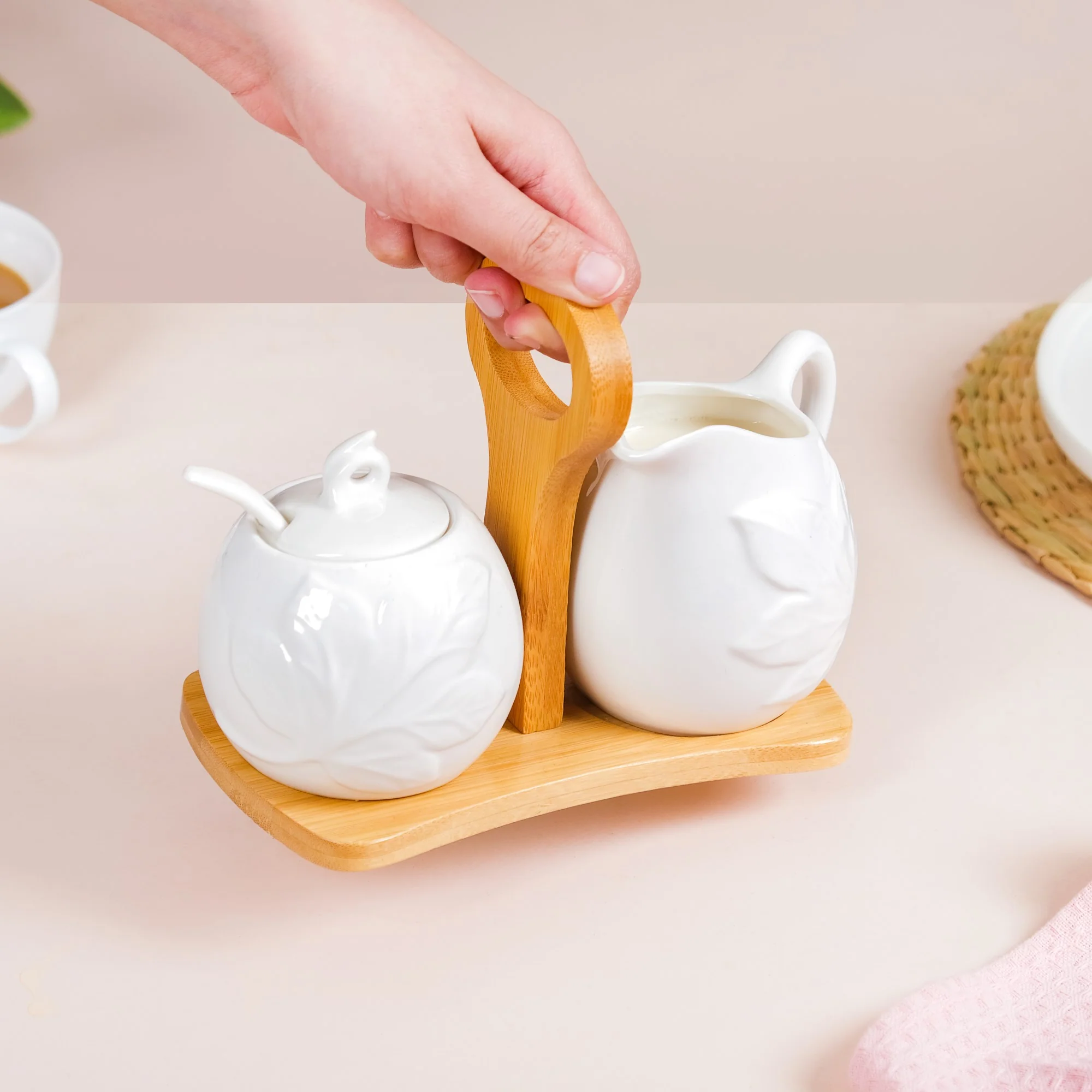 Set Of 2 Sugar And Milk Pots With Wooden Stand - Image 2